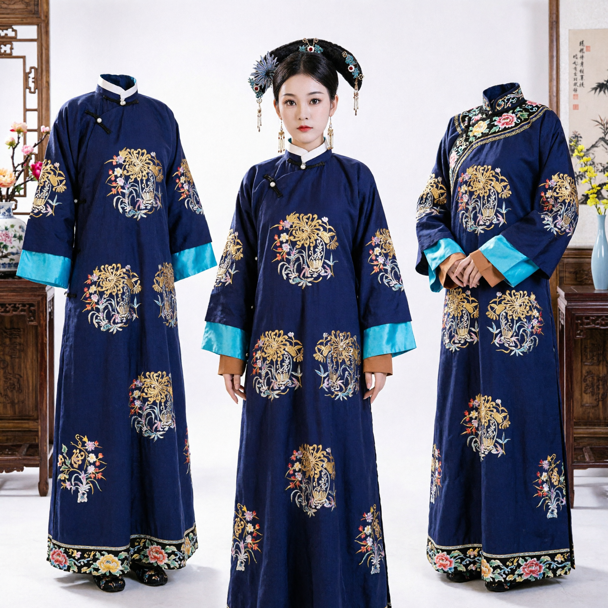 Ancient Chinese Qing Dynasty Manchu Princess Costume Blue Embroidered Robe Traditional Hanfu for Women