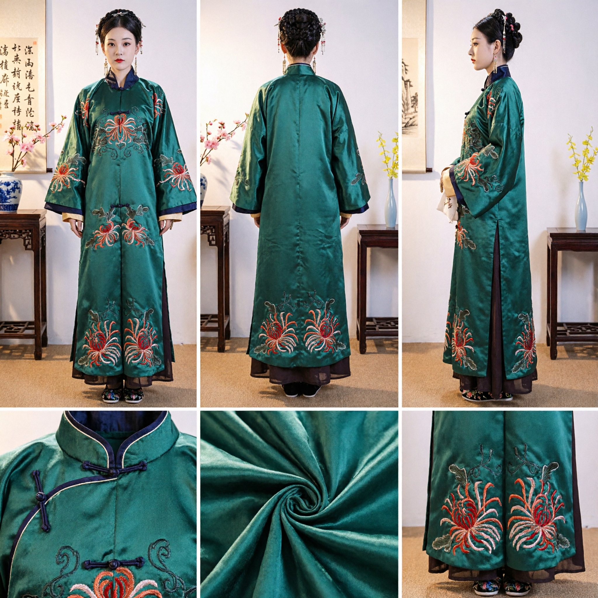 Traditional Chinese Green Embroidered Robe Ancient Qing Dynasty Noblewoman Costume for Women Historical Cosplay and Stage Show