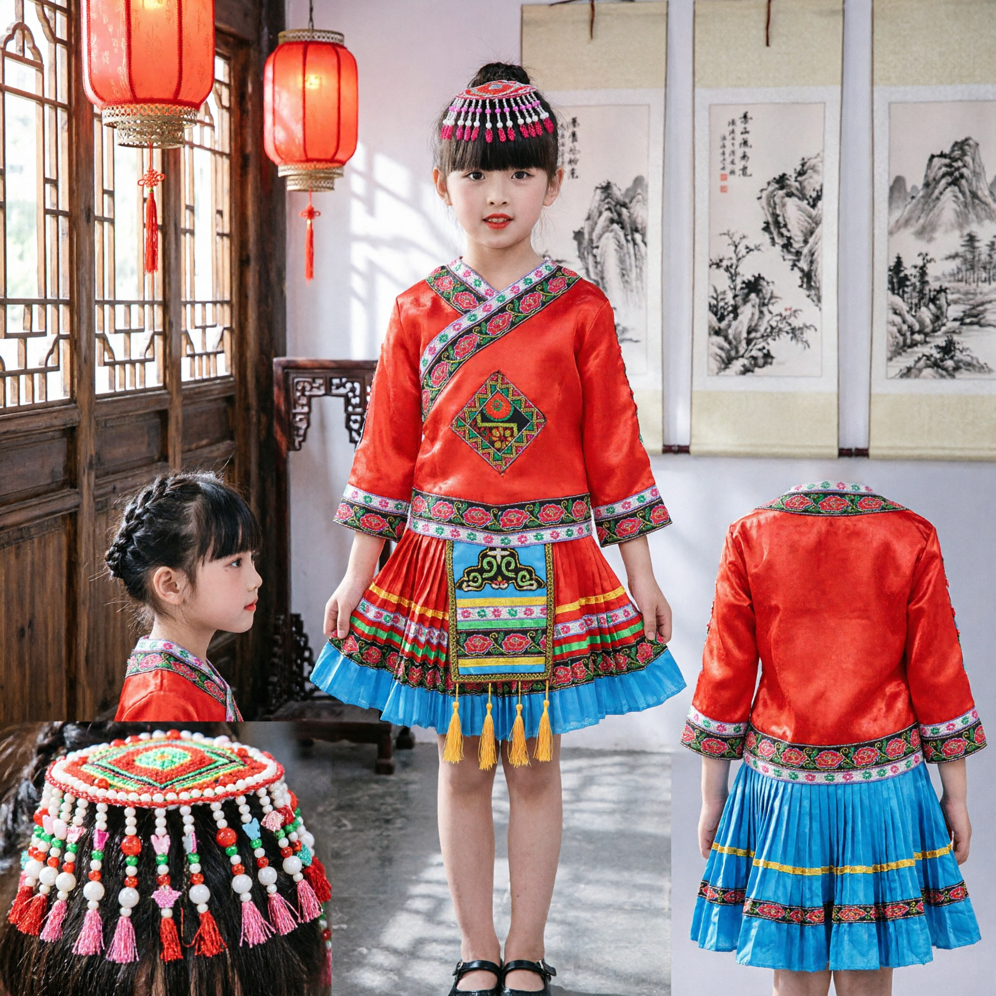 Traditional Chinese Miao Ethnic Minority Costume for Kids Girls Folk Dance Stage Performance Dress