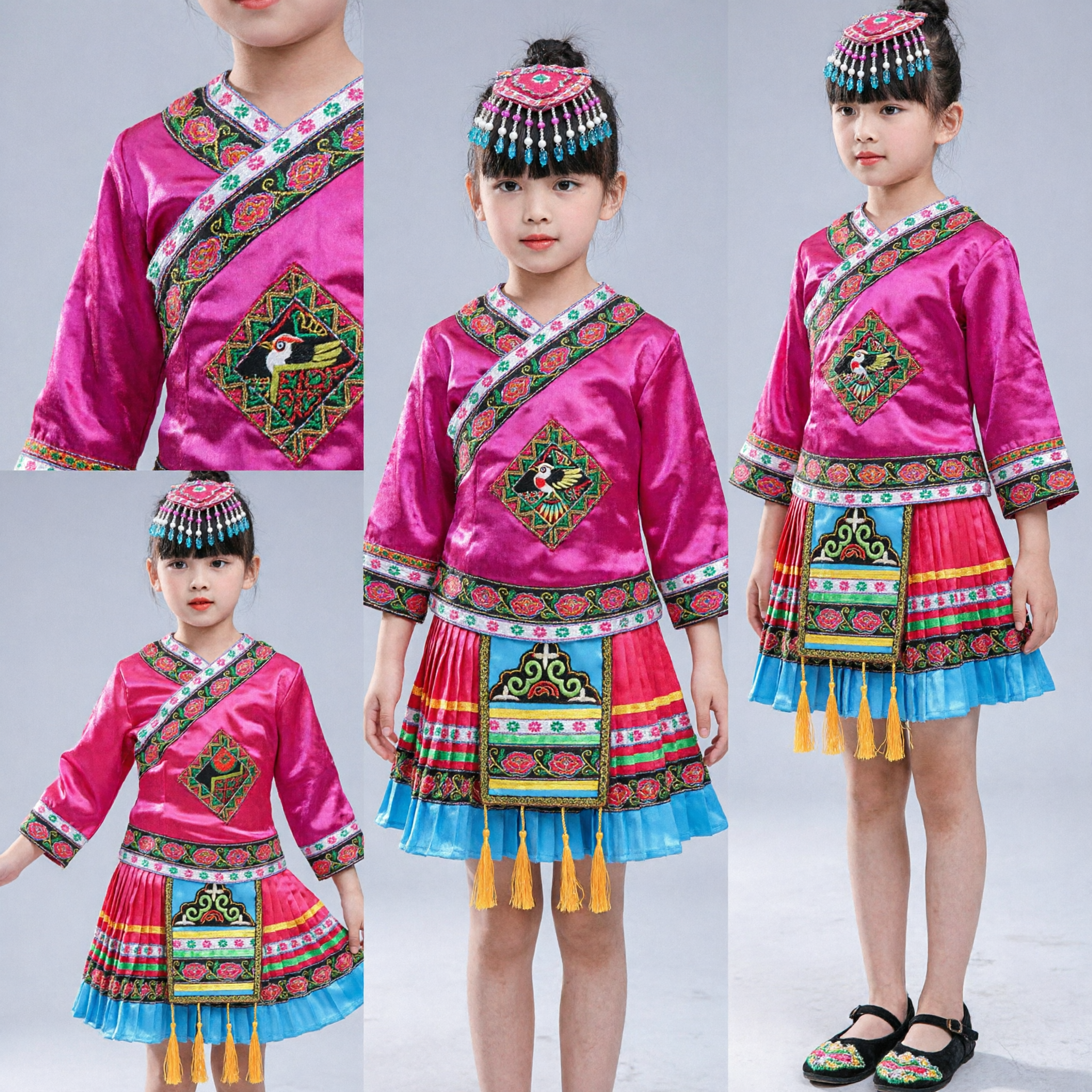 Chinese Traditional Miao Ethnic Minority Costume for Kids Girls Pink Folk Dance Stage Performance Dress
