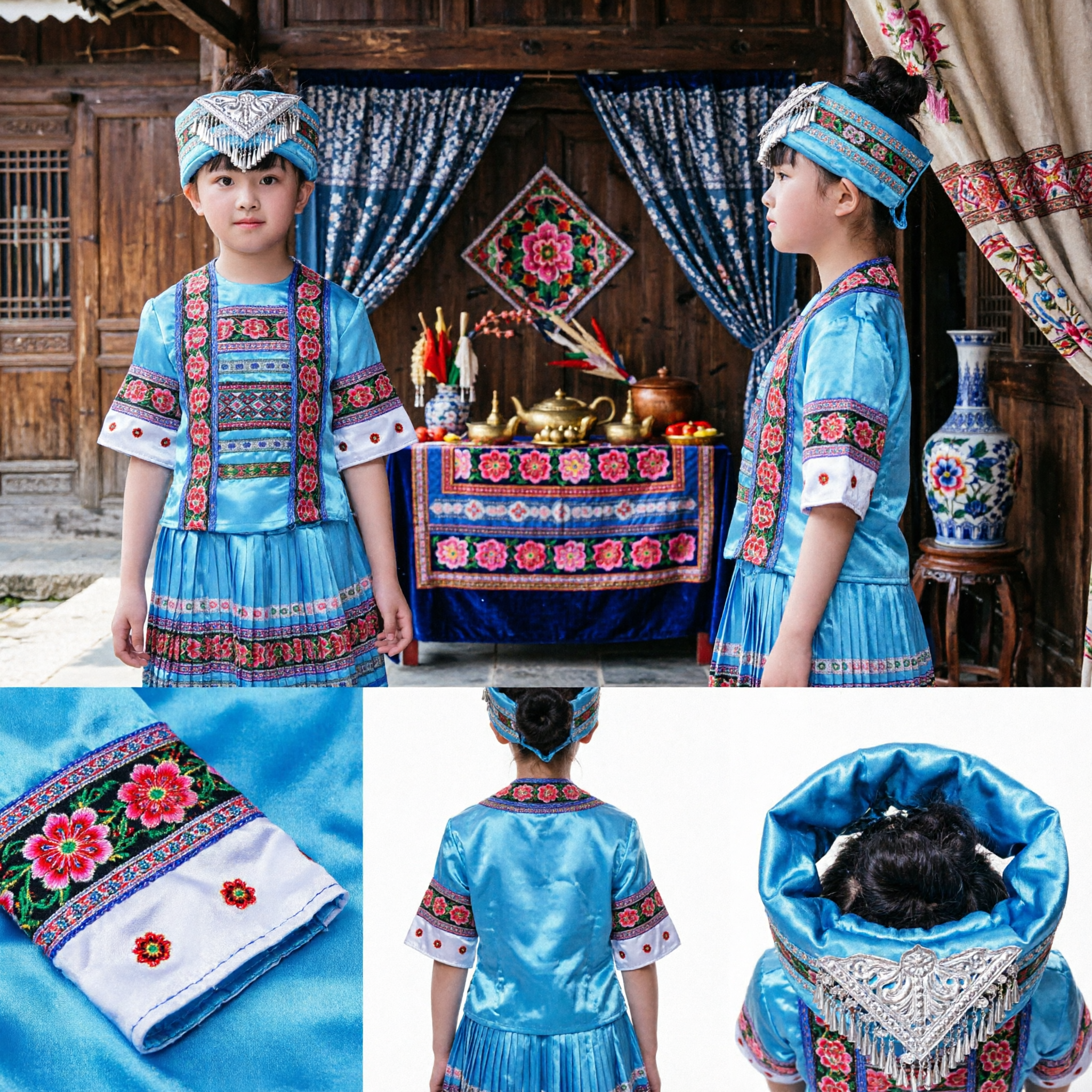 Chinese Traditional Blue Ethnic Folk Dance Costume for Girls Kids Stage Performance Outfit with Embroidered Headdress