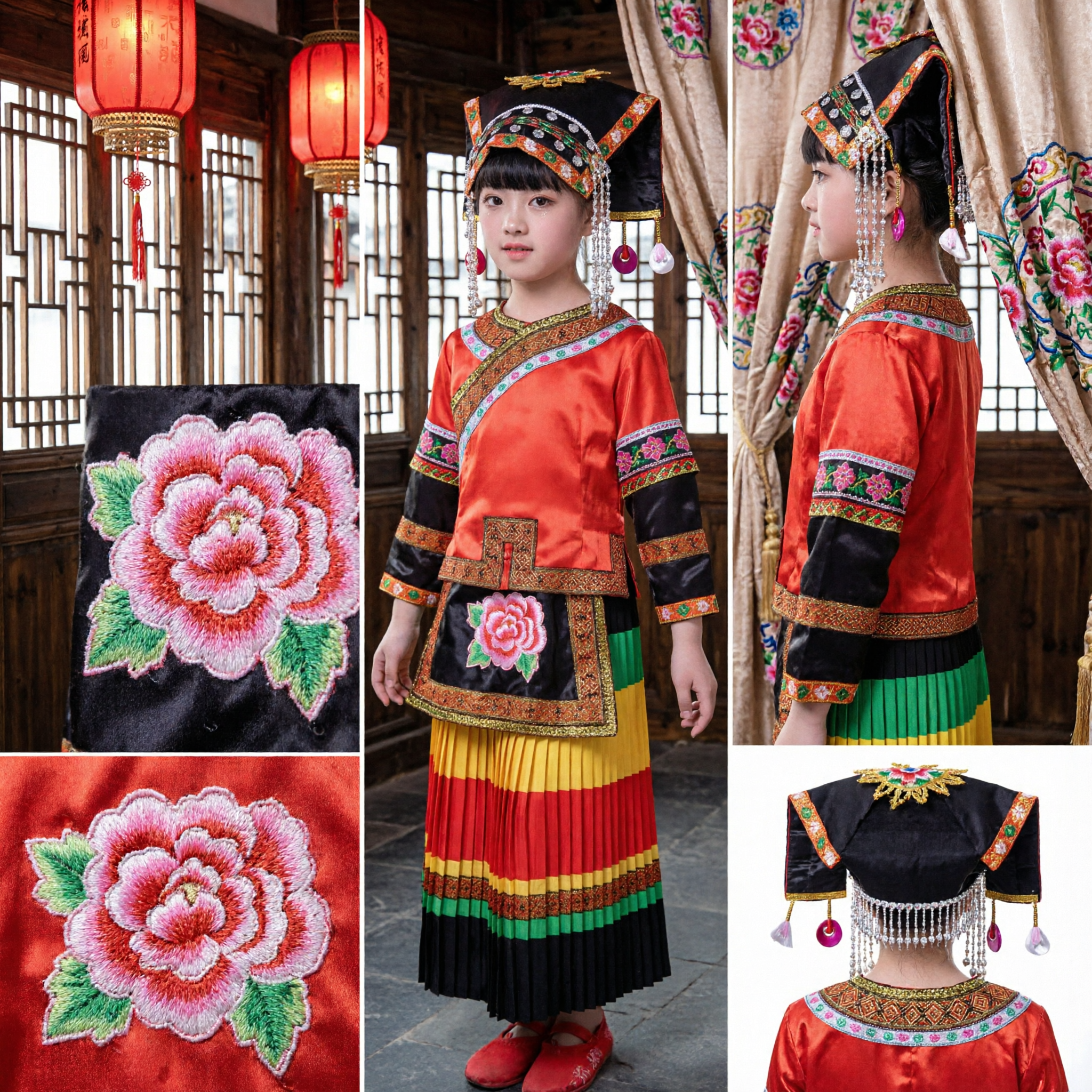 Kids Chinese Miao Minority Traditional Costume Red Embroidered Folk Dance Performance Dress for Girls Stage Show