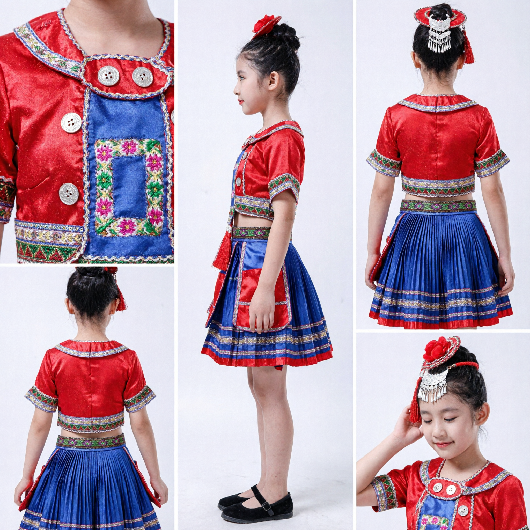 Chinese Traditional Folk Dance Costume Kids Girls Red Blue Ethnic Miao Minority Stage Performance Dress