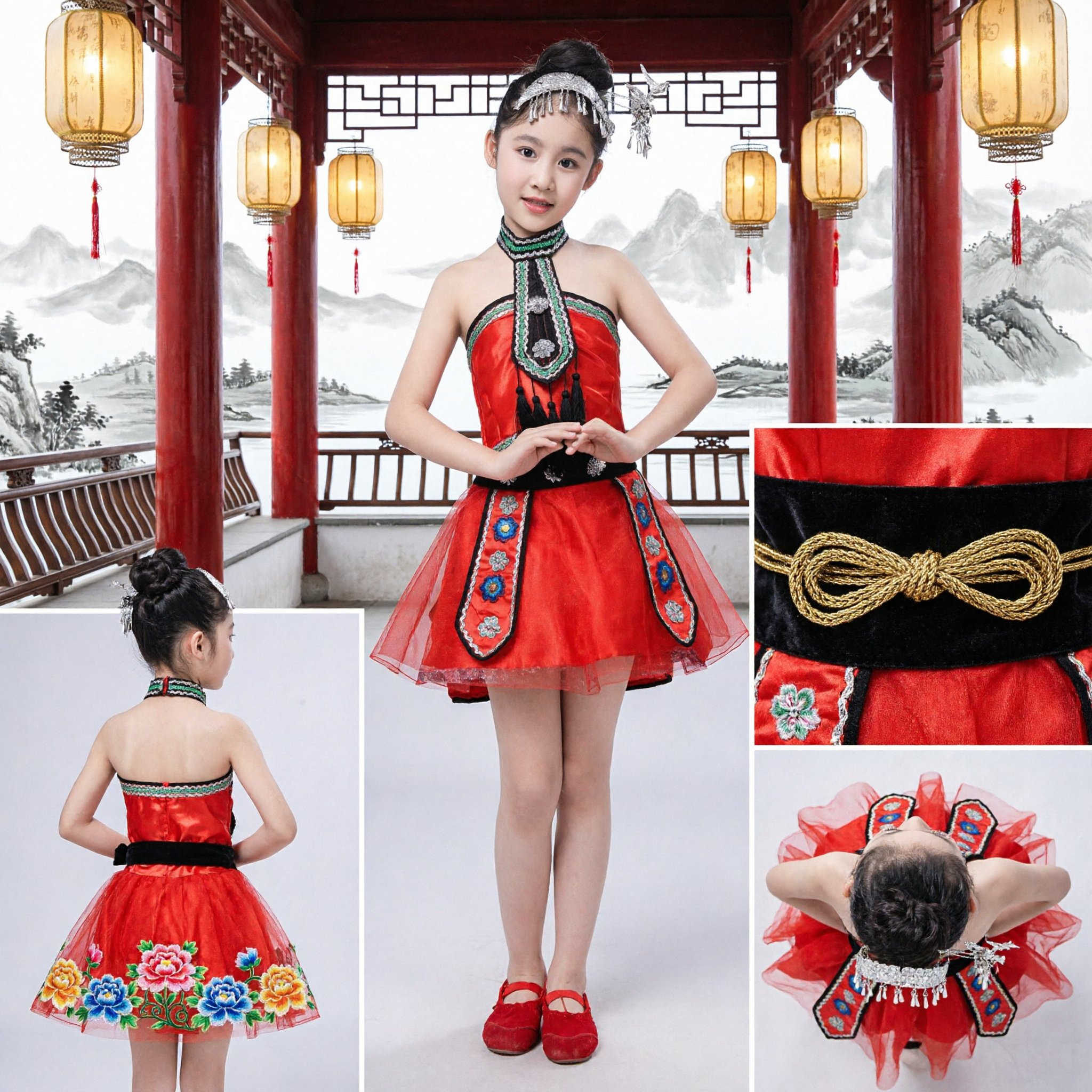 Girls Chinese Miao Ethnic Folk Dance Costume Red Embroidered Stage Performance Dress with Silver Headpiece