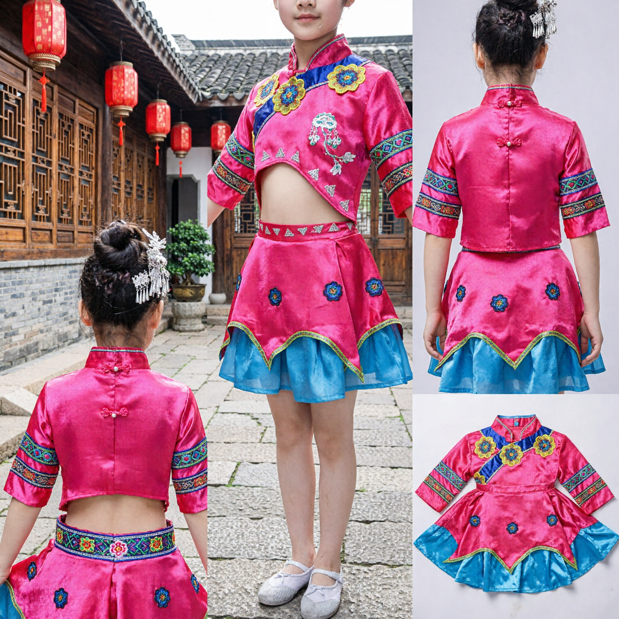 Traditional Chinese Miao Minority Folk Dance Costume Pink Embroidered Two-Piece Outfit for Kids Girls Performance