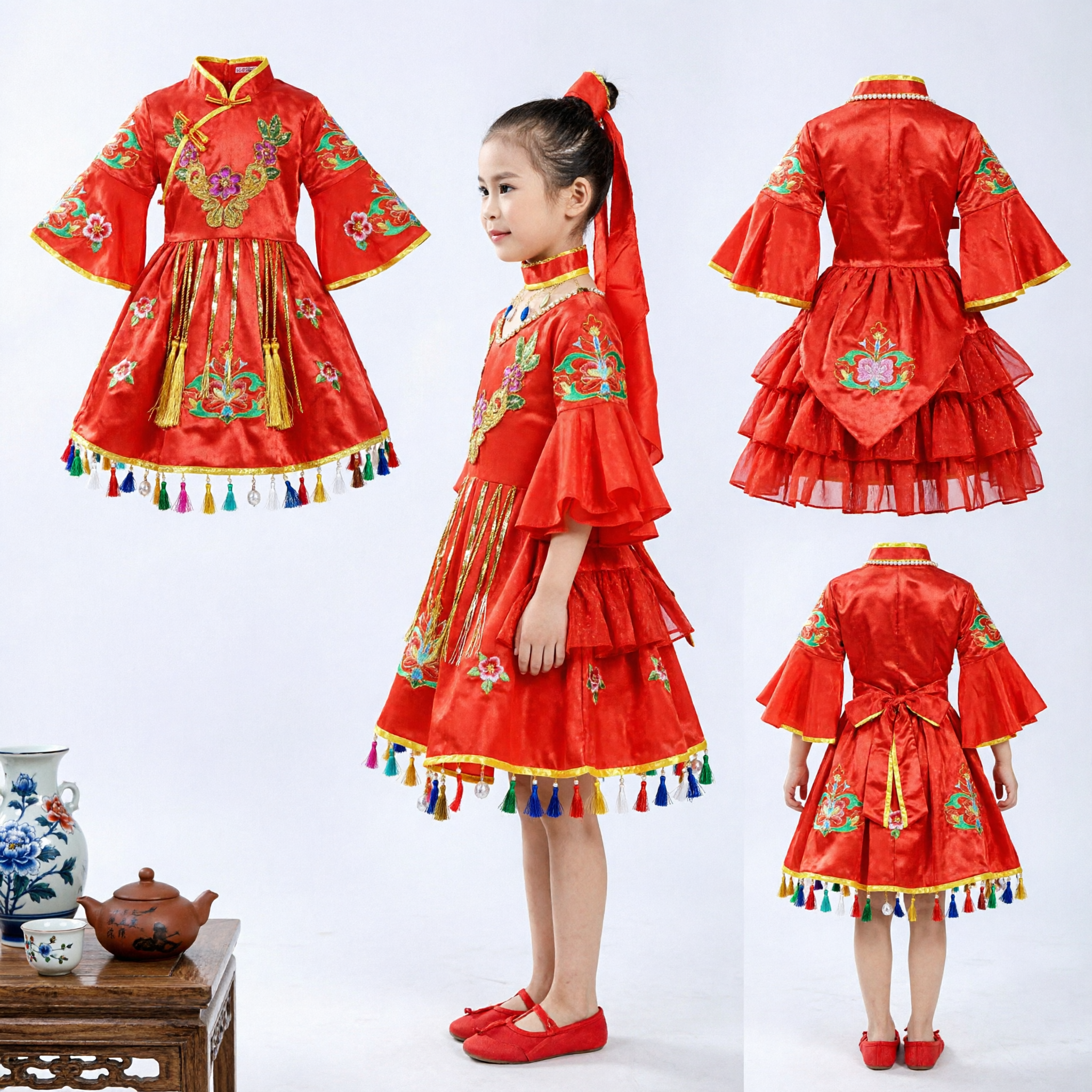 Traditional Chinese Yangge Dance Costume for Kids Girls Red Embroidered Folk Dress Stage Performance
