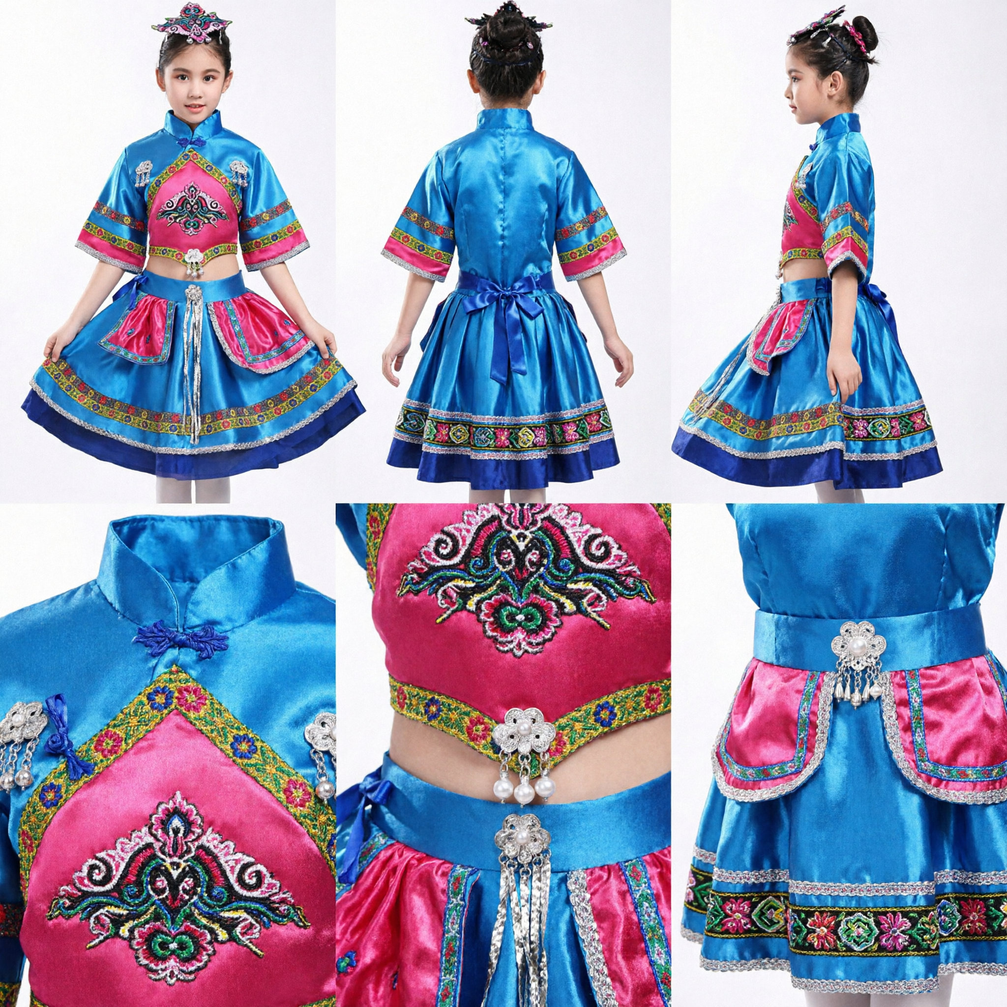 Kids Chinese Traditional Ethnic Minority Dance Costume Girls Folk Stage Performance Outfit Blue Pink