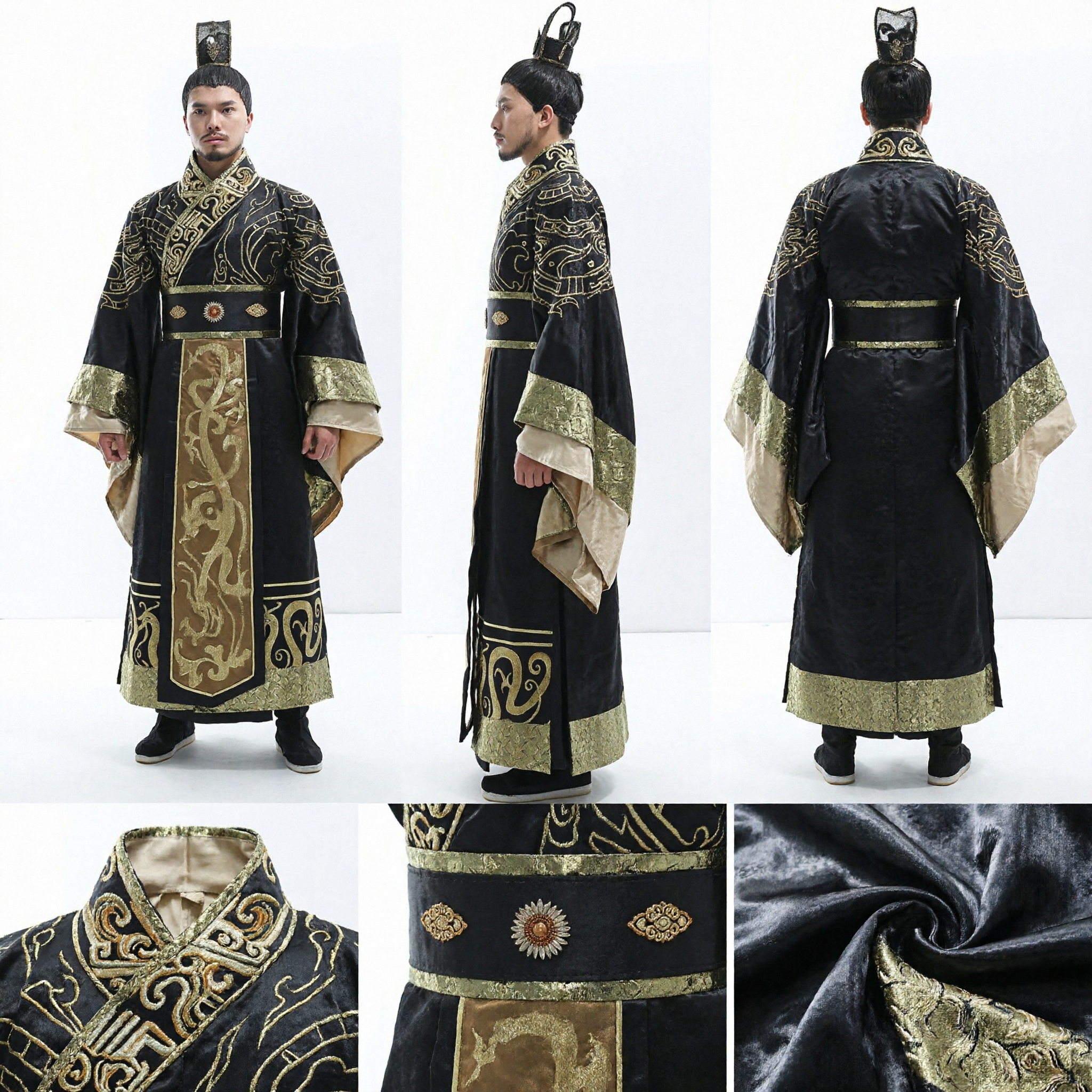 Ancient Chinese Qin Dynasty Emperor Costume Black Gold Embroidery Robe Traditional Hanfu Men Historical Cosplay