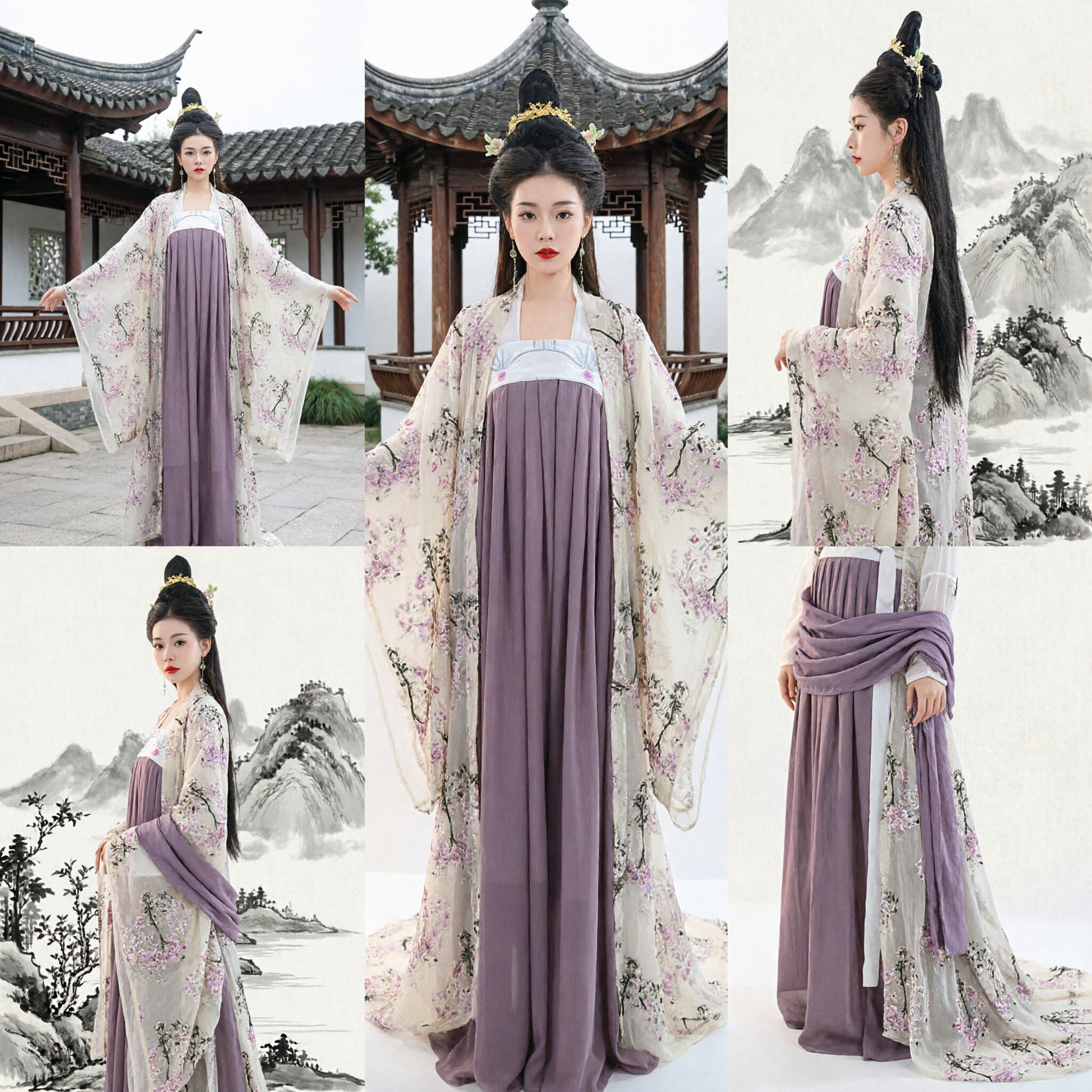 Ancient Chinese Tang Dynasty Hanfu Costume Traditional Palace Lady Floral Print Purple Dress for Women