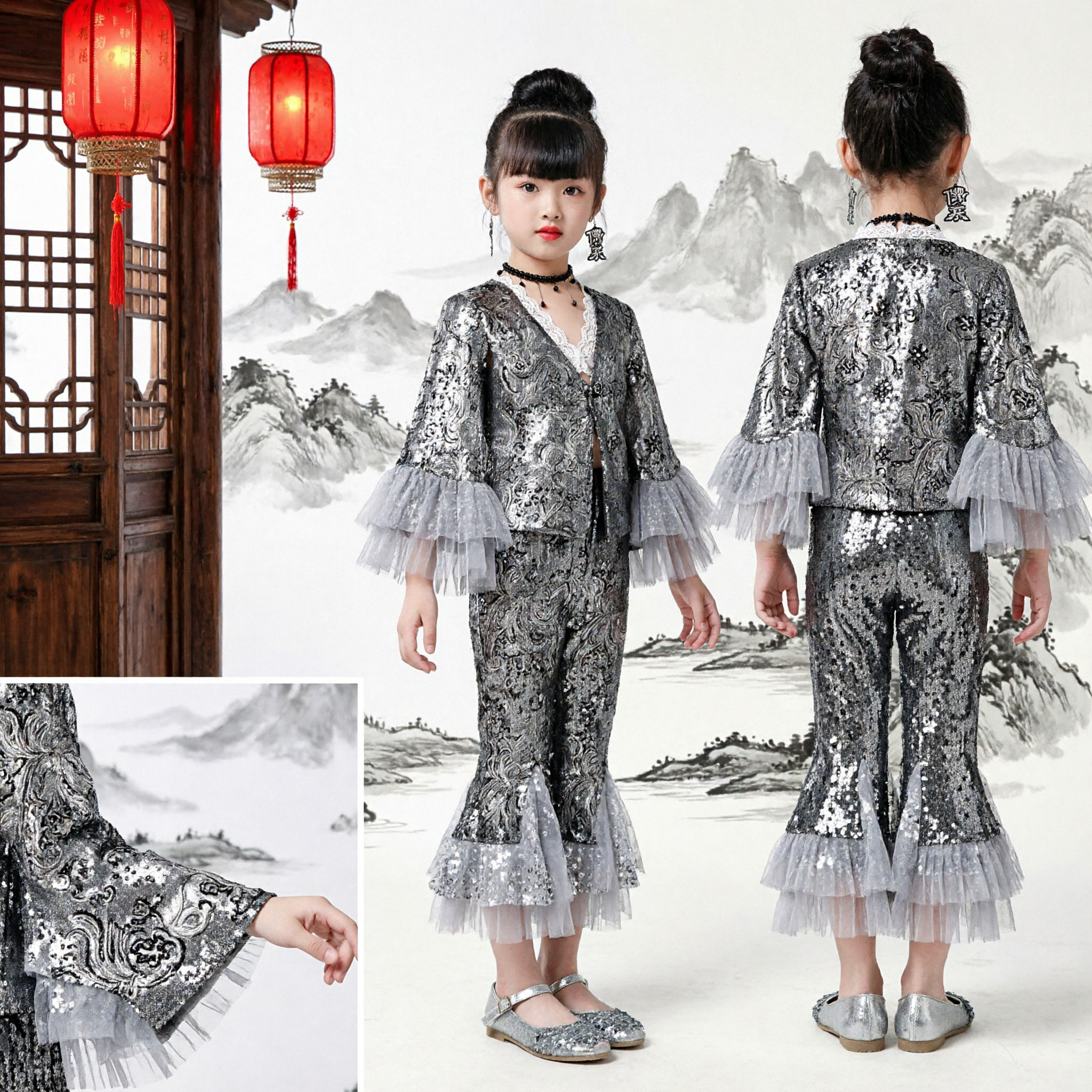 Kids Girls Silver Brocade Performance Costume Traditional Chinese Dance Stage Outfit with Flared Pants