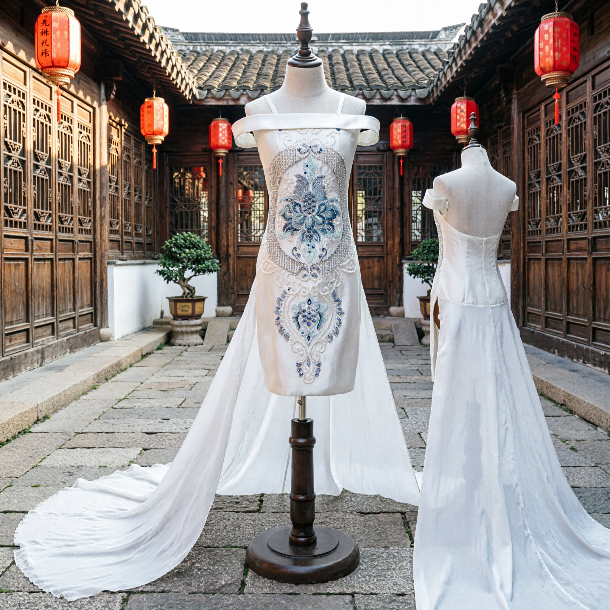 Elegant White Chinese Cheongsam Wedding Dress with Blue Floral Embroidery and Long Tulle Train for Brides