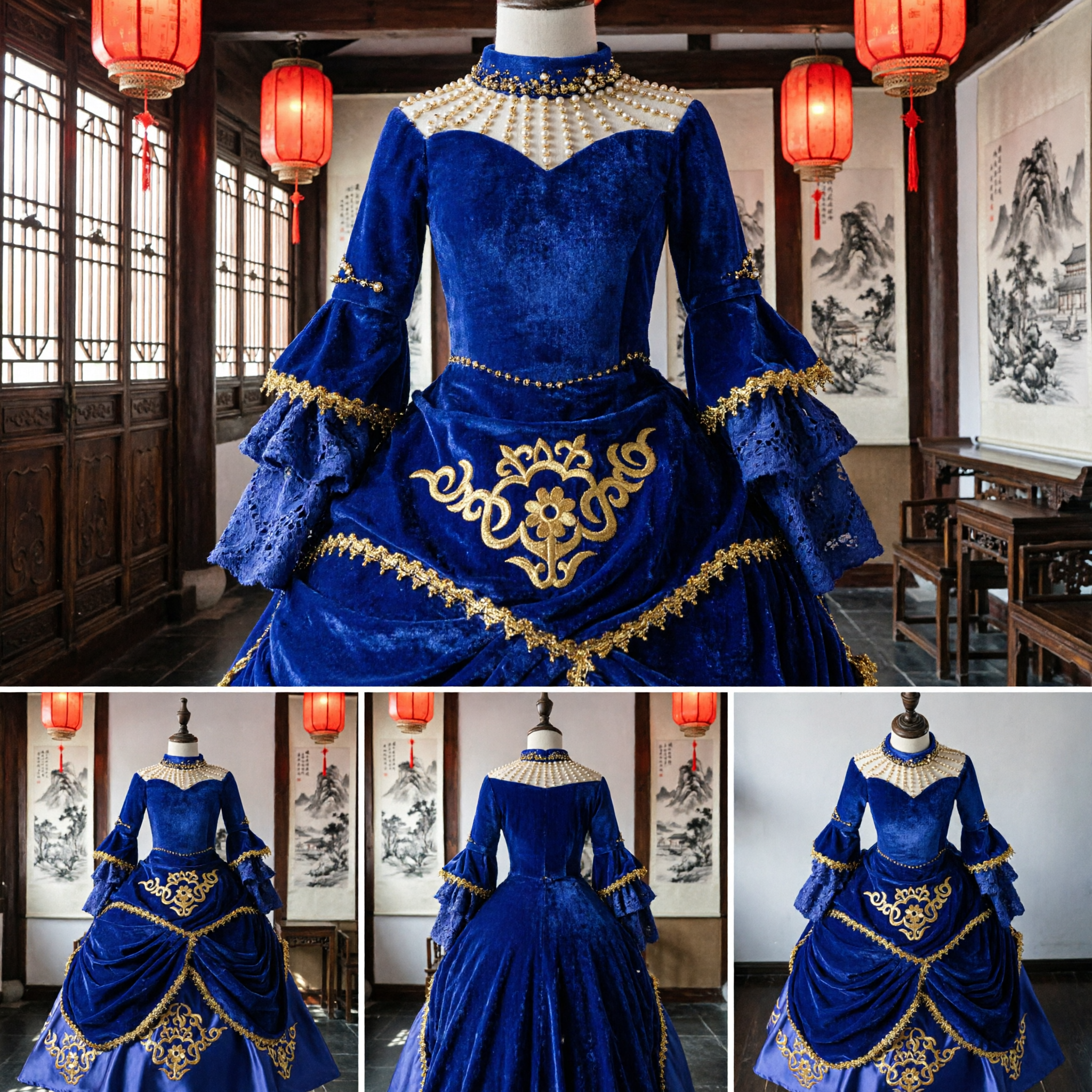 Royal Blue Velvet Victorian Ballgown with Gold Embroidery Historical Cosplay Costume for Women