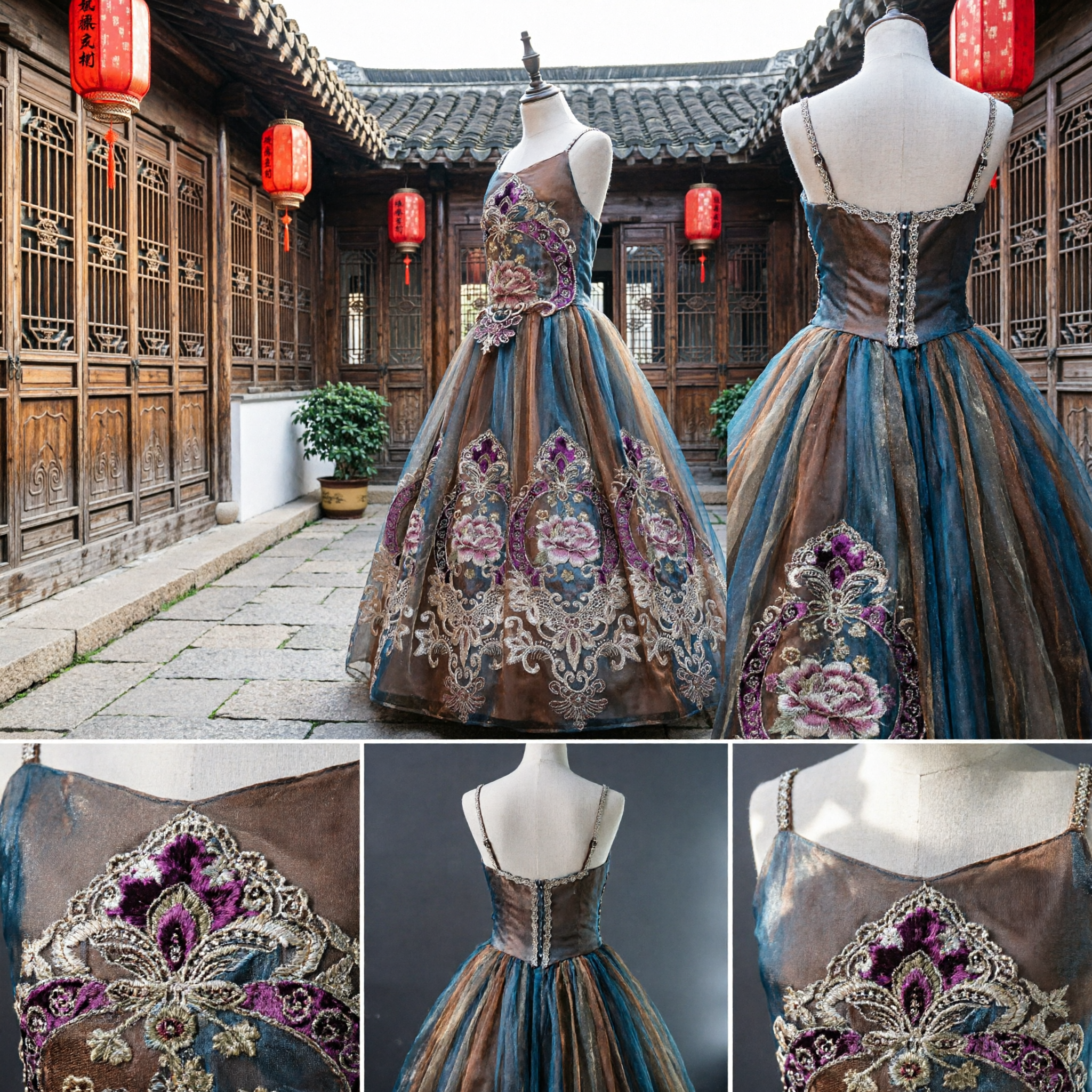 Luxury Bronze Embroidered Ball Gown Elegant Spaghetti Strap Evening Dress for Formal Prom and Gala Events