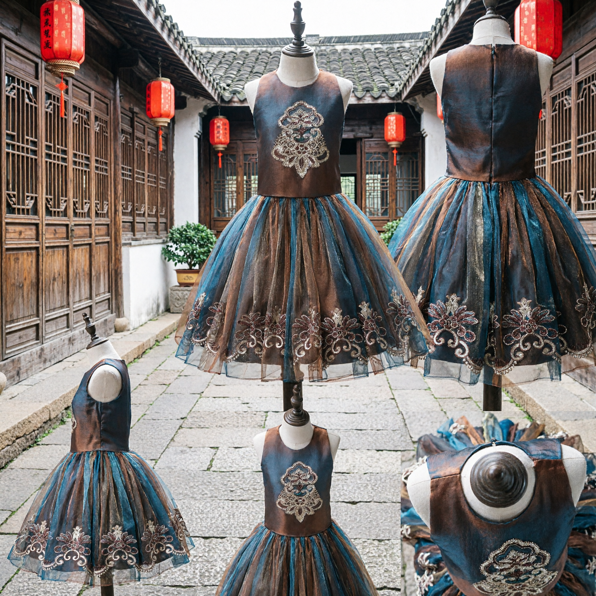 Girls Elegant Brown and Teal Embroidered Tulle Skirt Dress Sleeveless Formal Party Gown for Kids