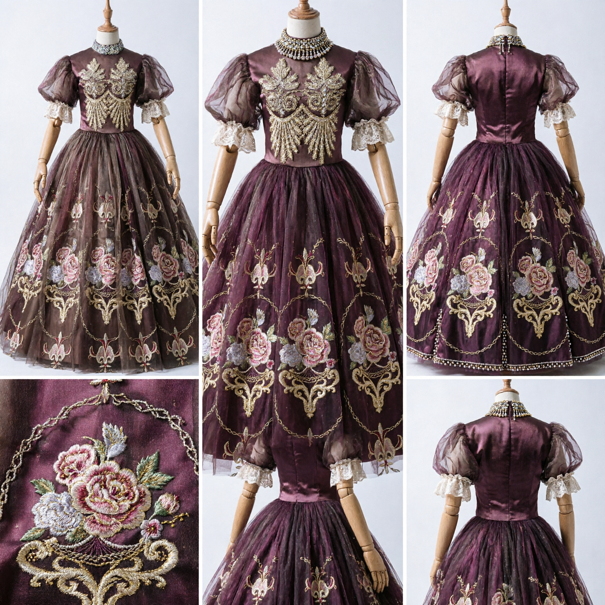 Elegant Victorian Era Ball Gown with Gold Embroidery and Puff Sleeves for Women Cosplay and Formal Events