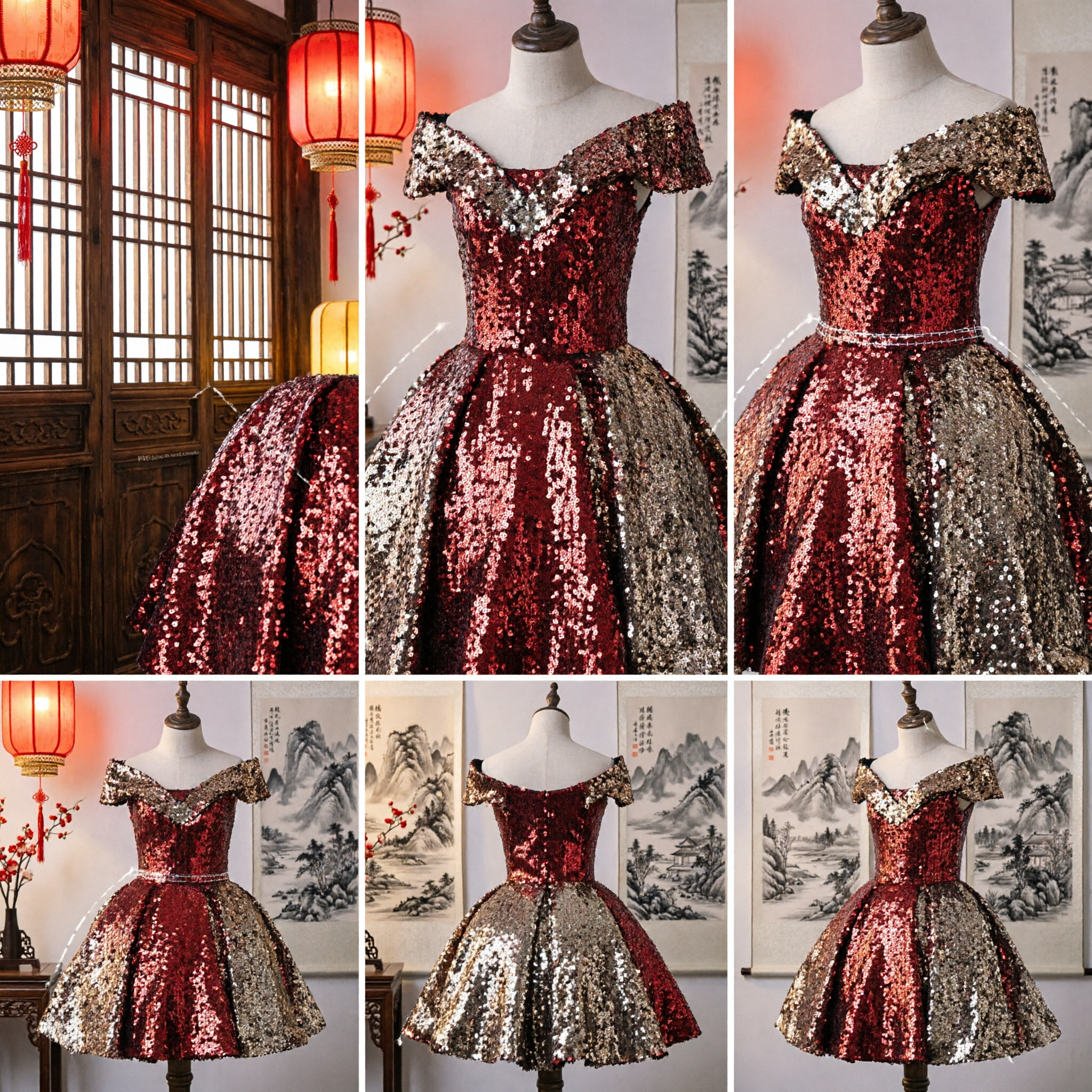 Red and Gold Sequin Off-Shoulder Short Ballgown Dress for Latin Dance Performance and Stage Shows