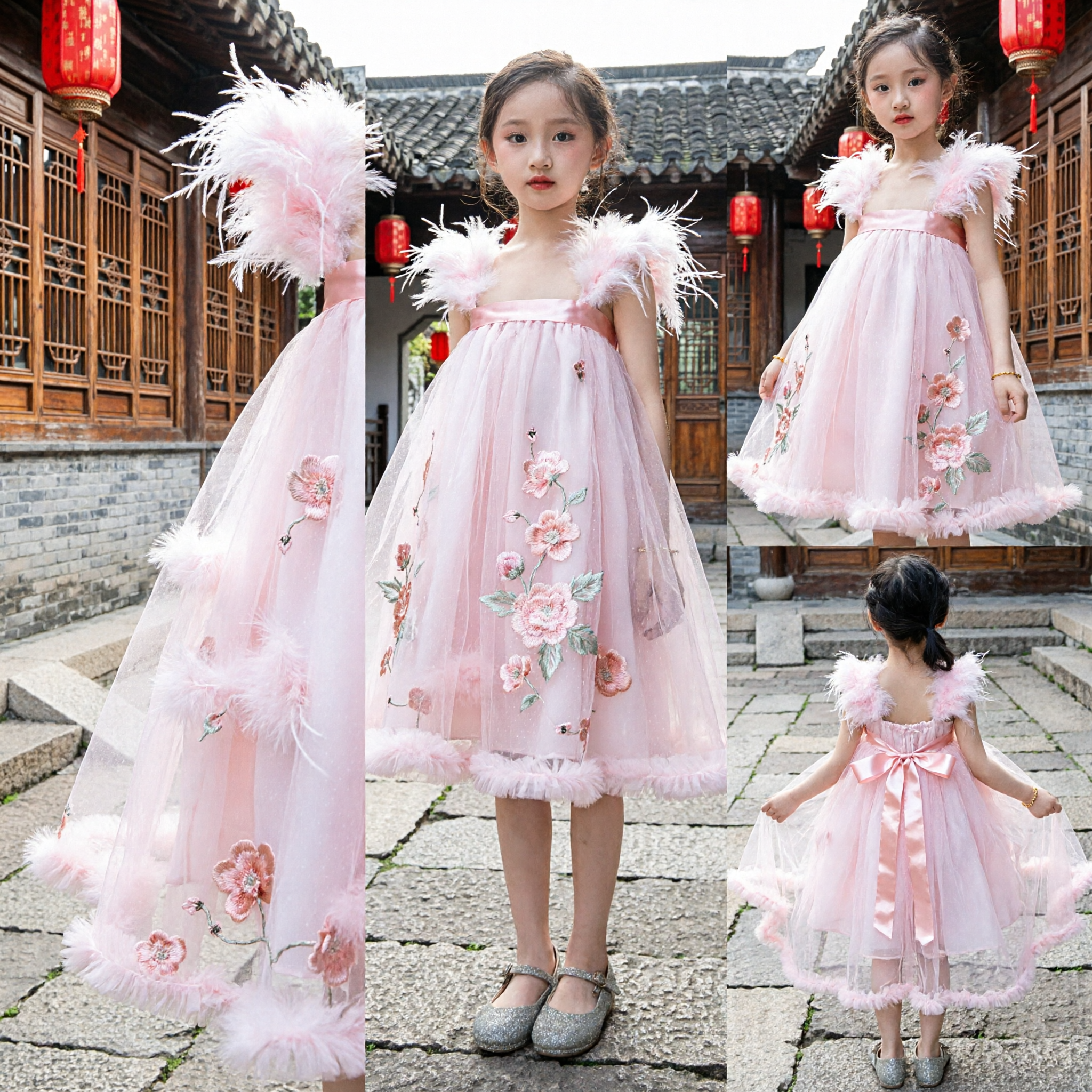 Elegant Pink Feather Tulle Dress for Girls Kids Formal Party Wedding Flower Girl Gown