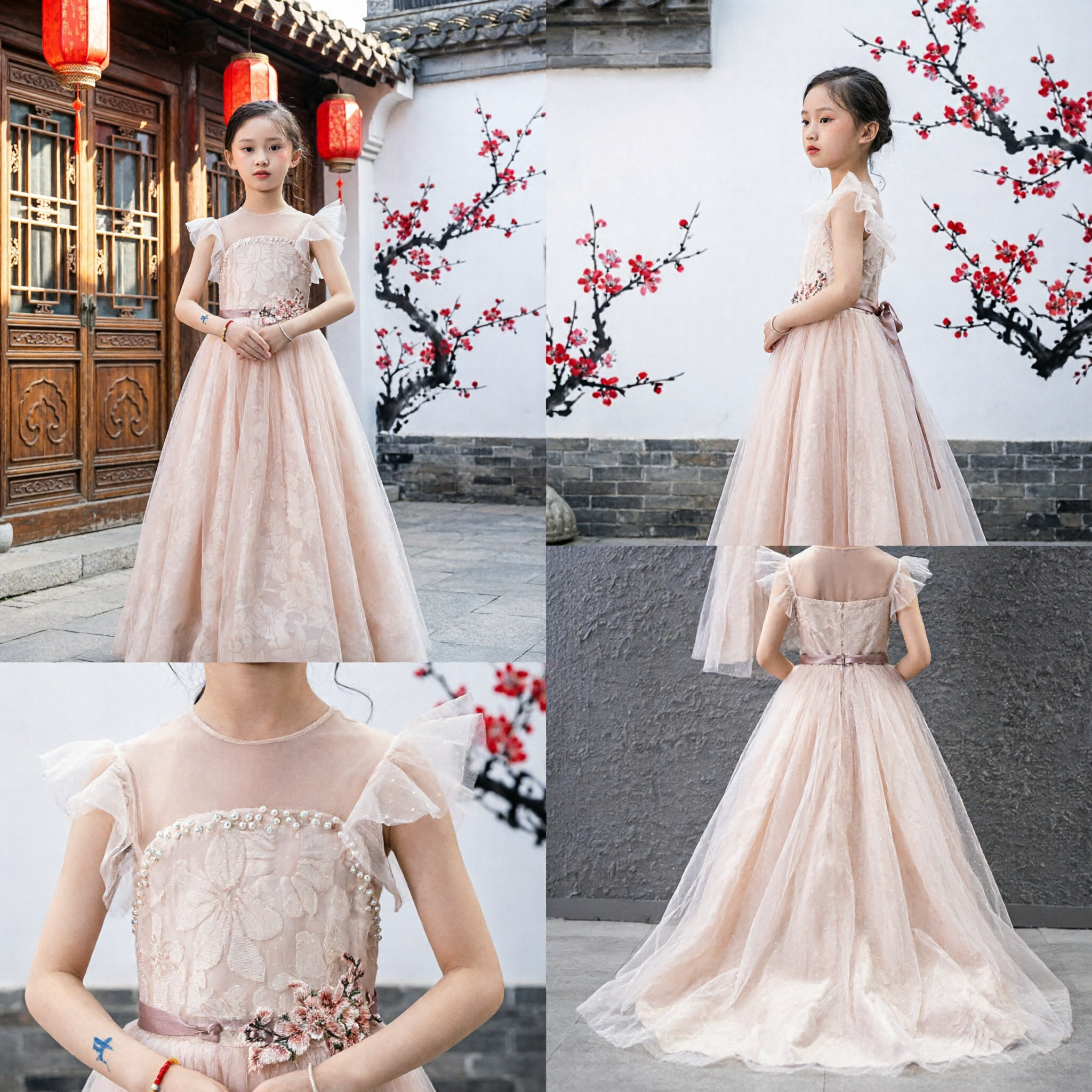 Elegant Champagne Pink Long Tulle Girls Dress Floral Applique Flower Girl Gown for Wedding Pageant Party