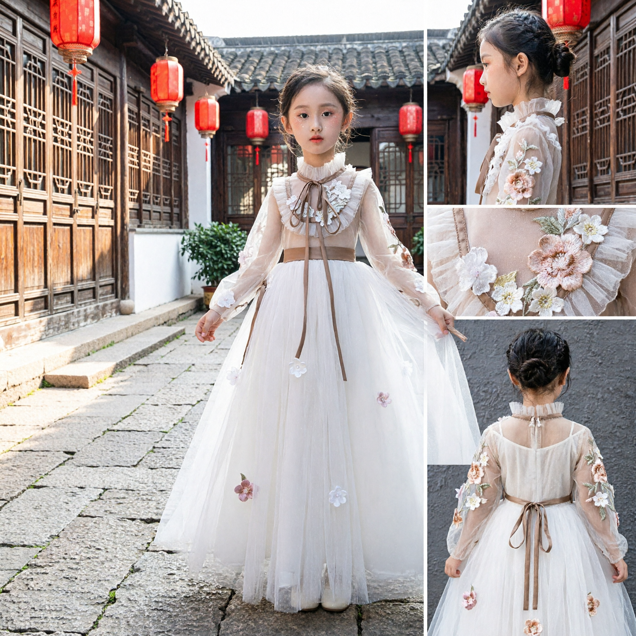 Elegant Girls Long Sleeve Tulle Ball Gown Flower Girl Dress for Wedding Party Pageant