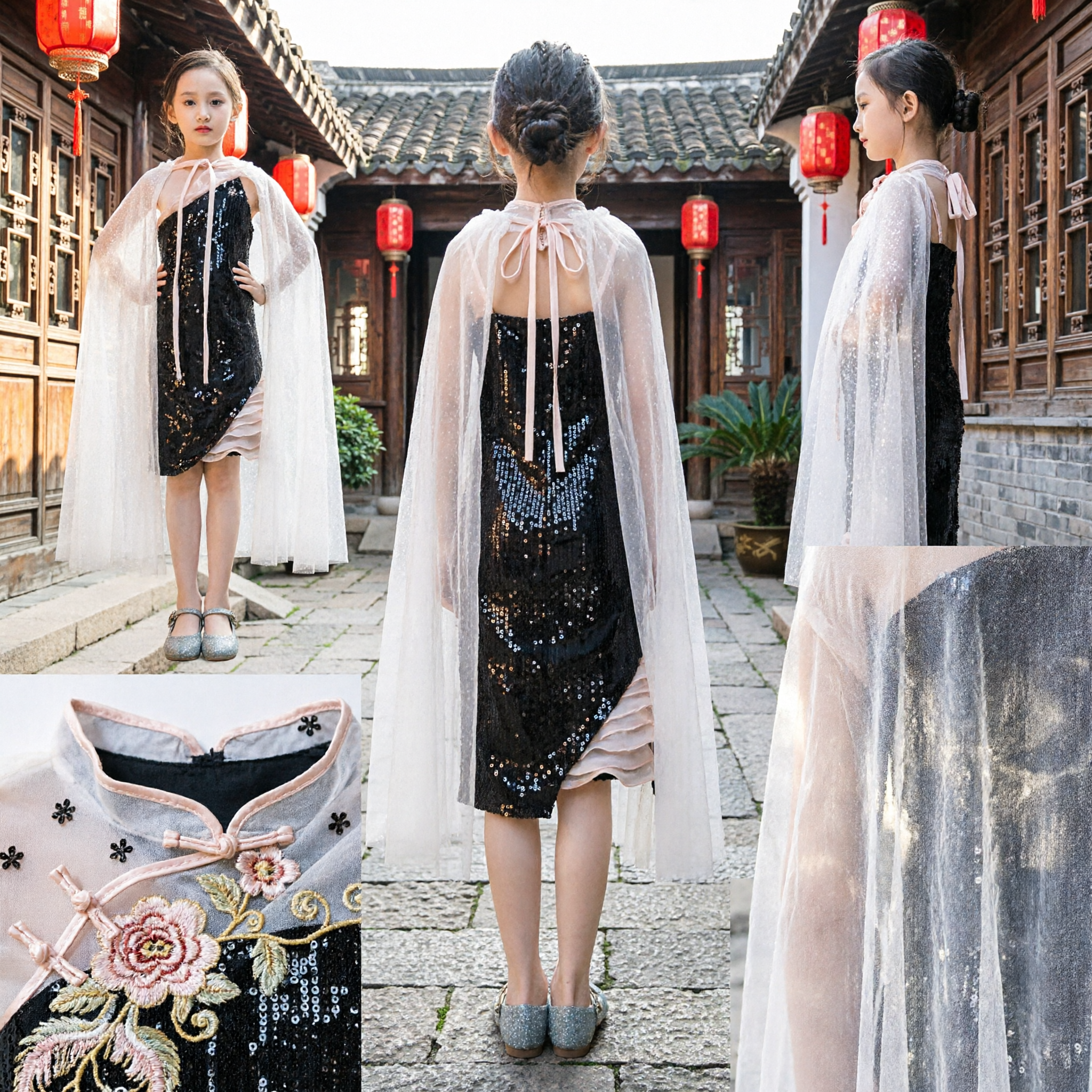 Kids Girls Black Sequin One Shoulder Dress with Long White Tulle Cape for Pageant Hostess Performance