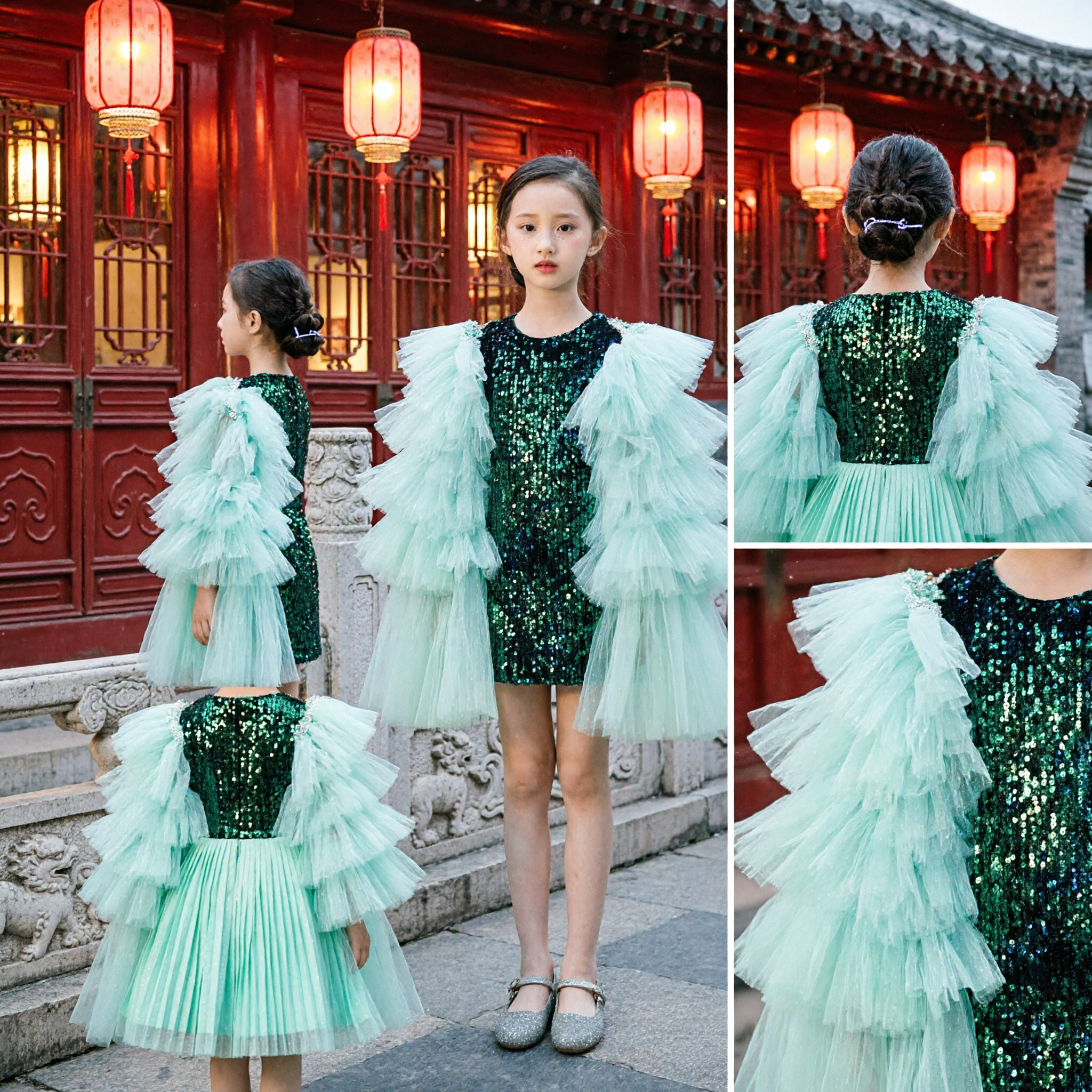 Girls Sequin Stage Performance Dress with Ruffled Tulle Cape Modern Dance Host Costume for Kids