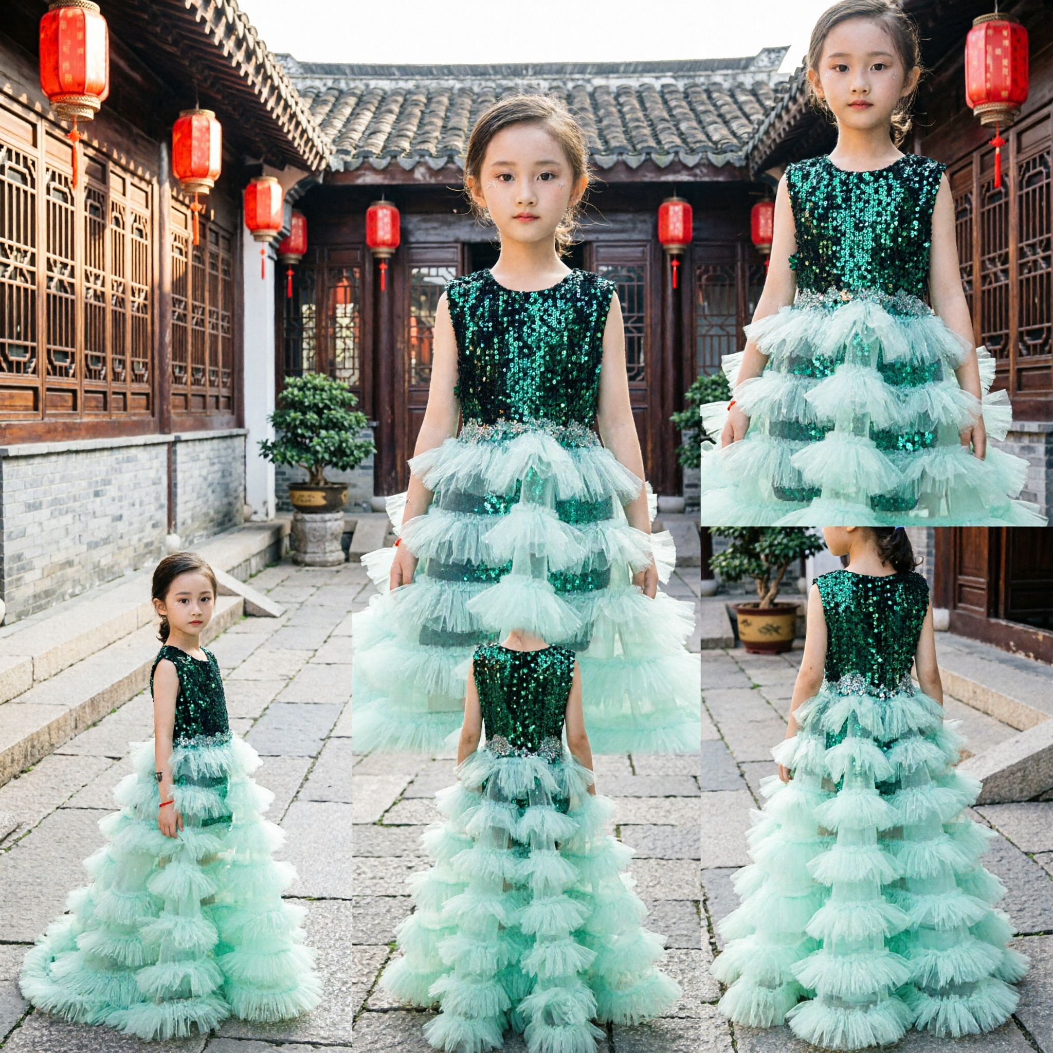 Girls Green Sequin Ball Gown Dress with Tiered Tulle Ruffle Skirt for Wedding Pageant Party