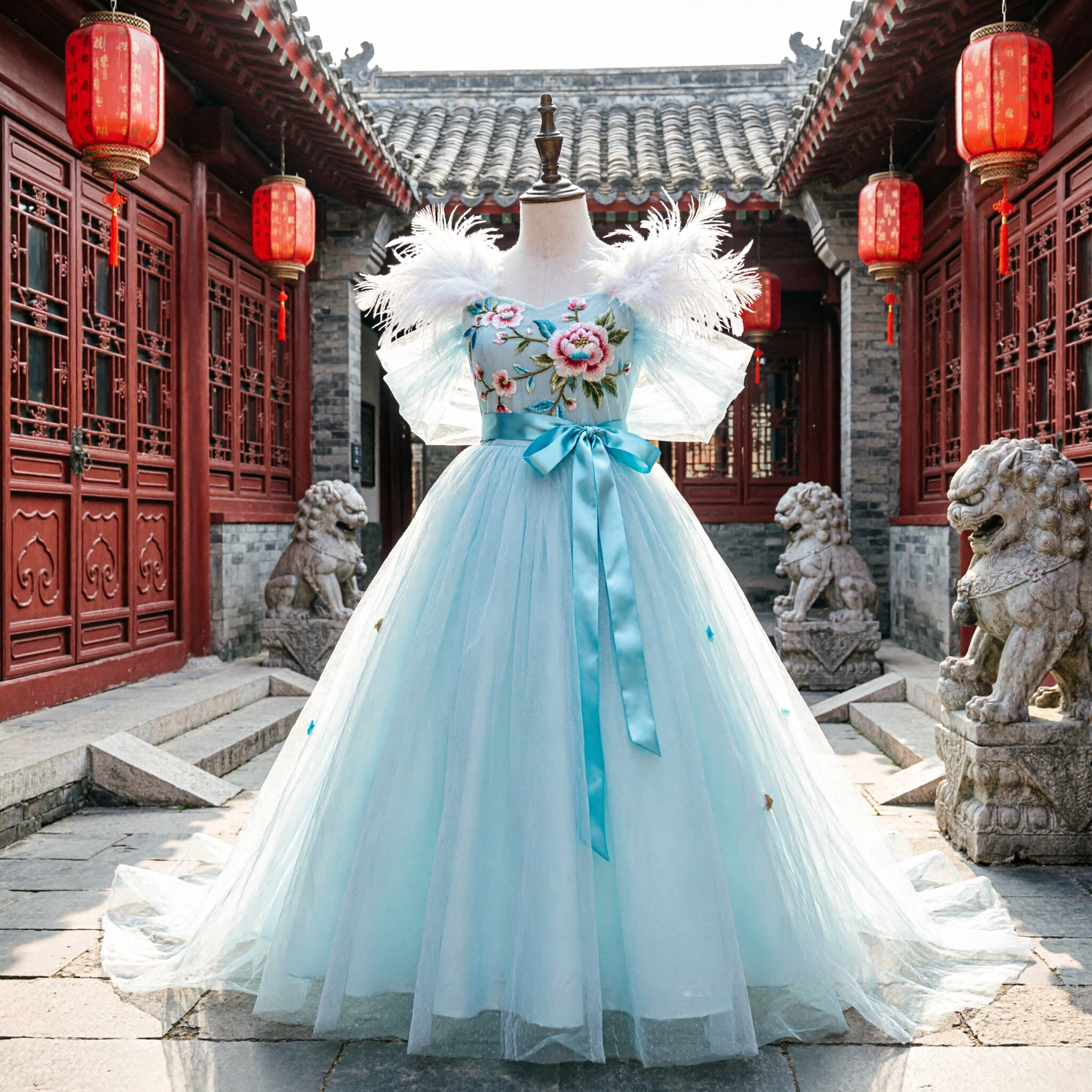 Kids Light Blue Tulle Princess Ballgown Dress for Flower Girl Wedding Party Performance Costume