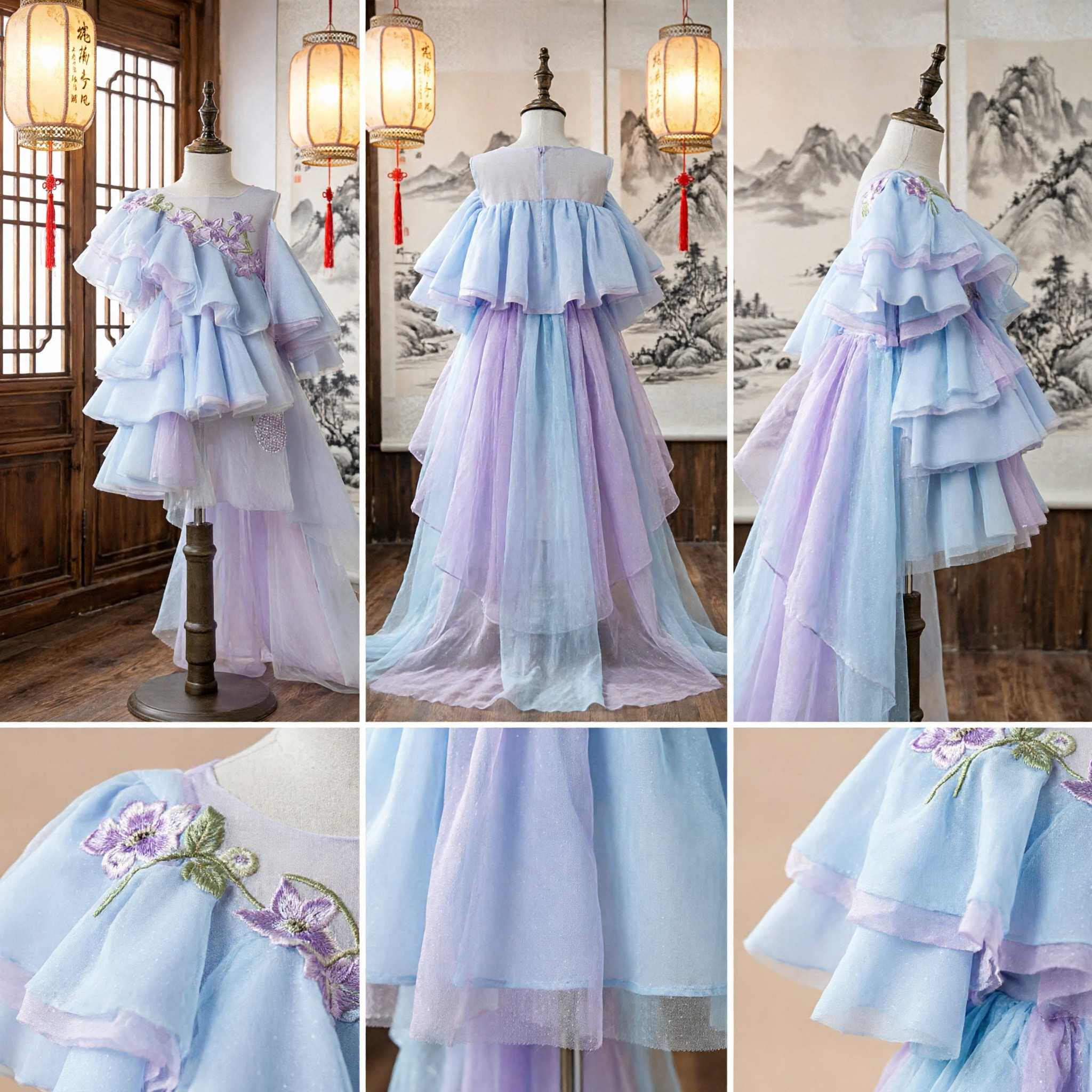 Elegant Blue Children's Hanfu Fairy Dress with Floral Embroidery for Stage Performance and Recitals