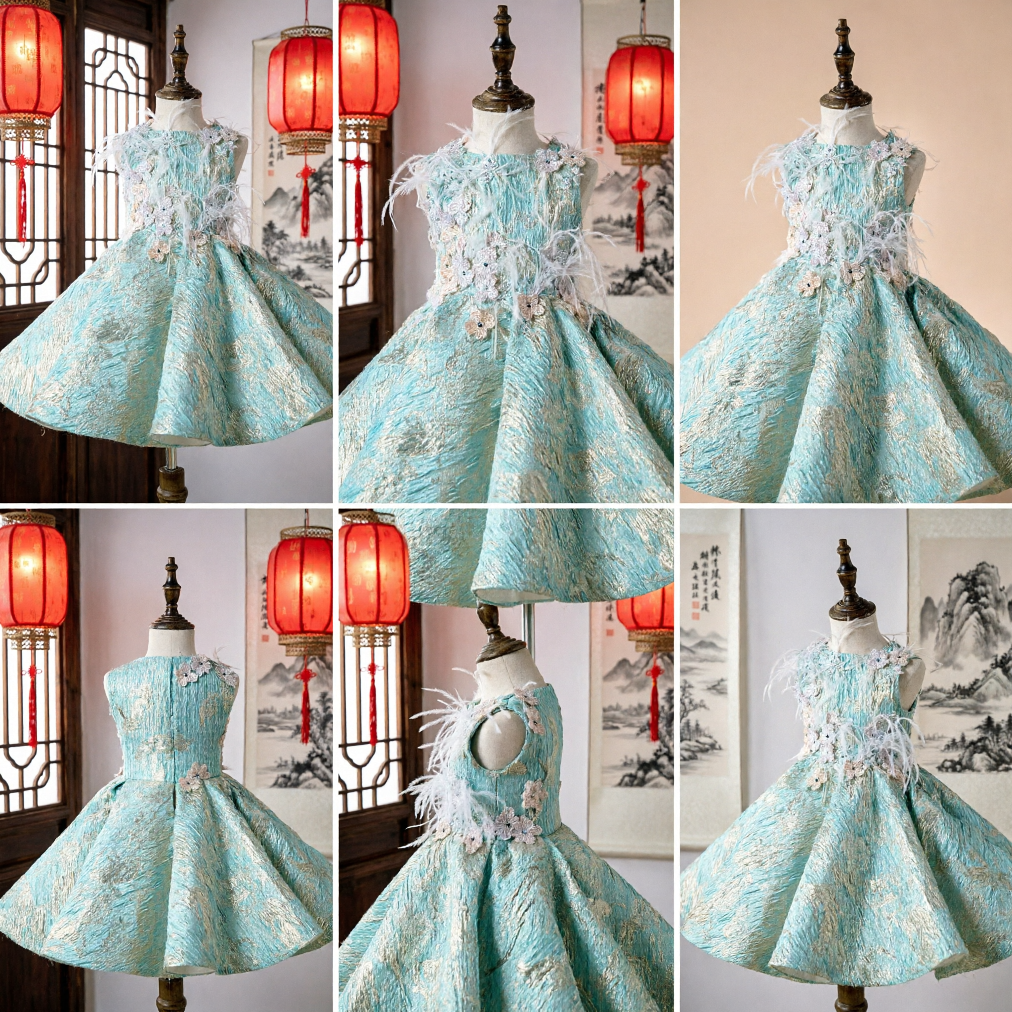 Kids Girls Blue Brocade Dress Traditional Chinese Costume Flower Girl Wedding Party Performance Gown