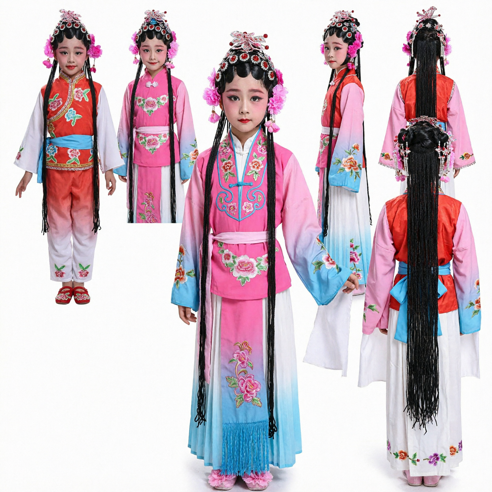 Kids Chinese Opera Costume Girls Traditional Stage Performance Dance Outfit Embroidered Folk Dress with Headpiece