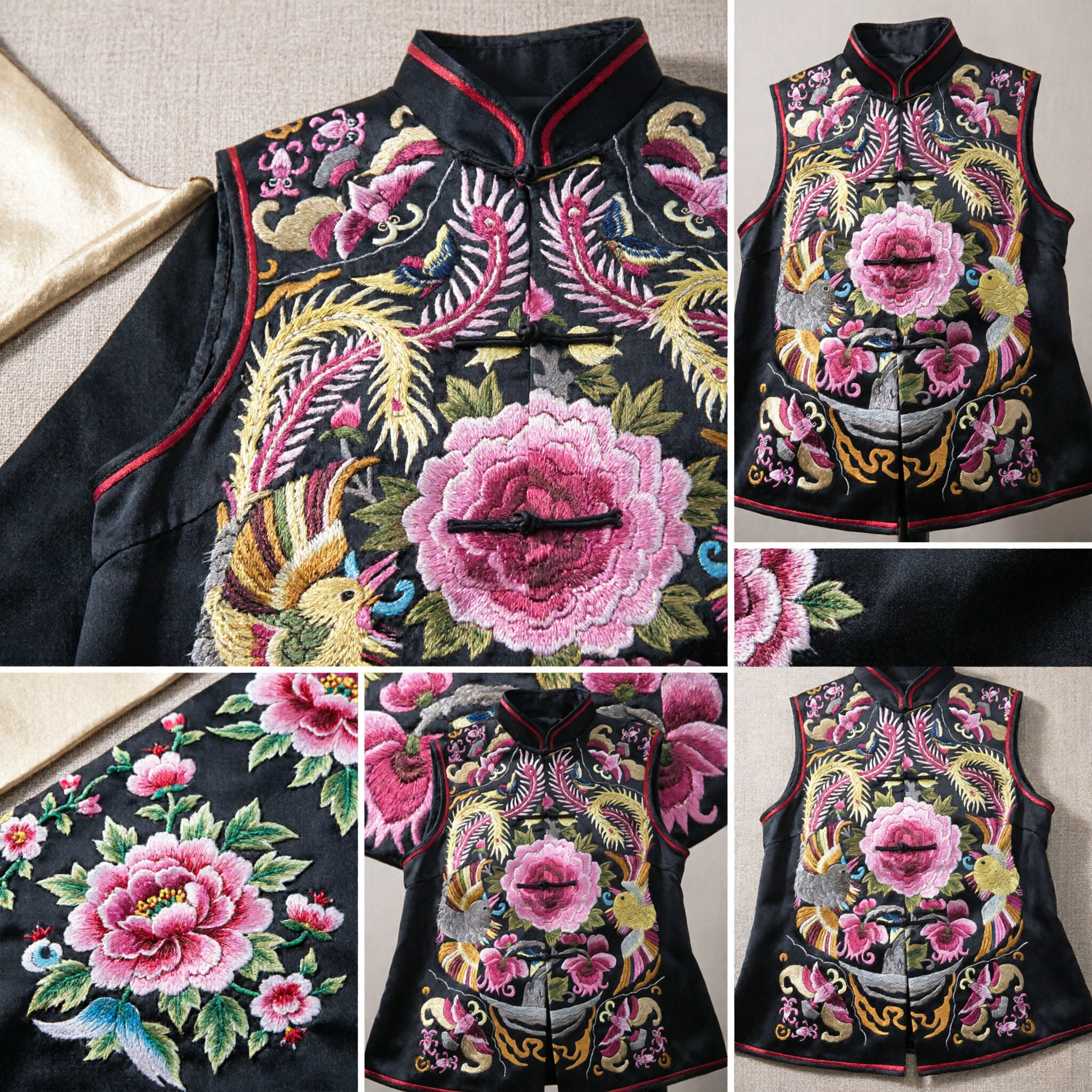 Traditional Chinese Black Silk Embroidered Vest Women Phoenix Peony Tang Suit Waistcoat for Wedding Ceremony