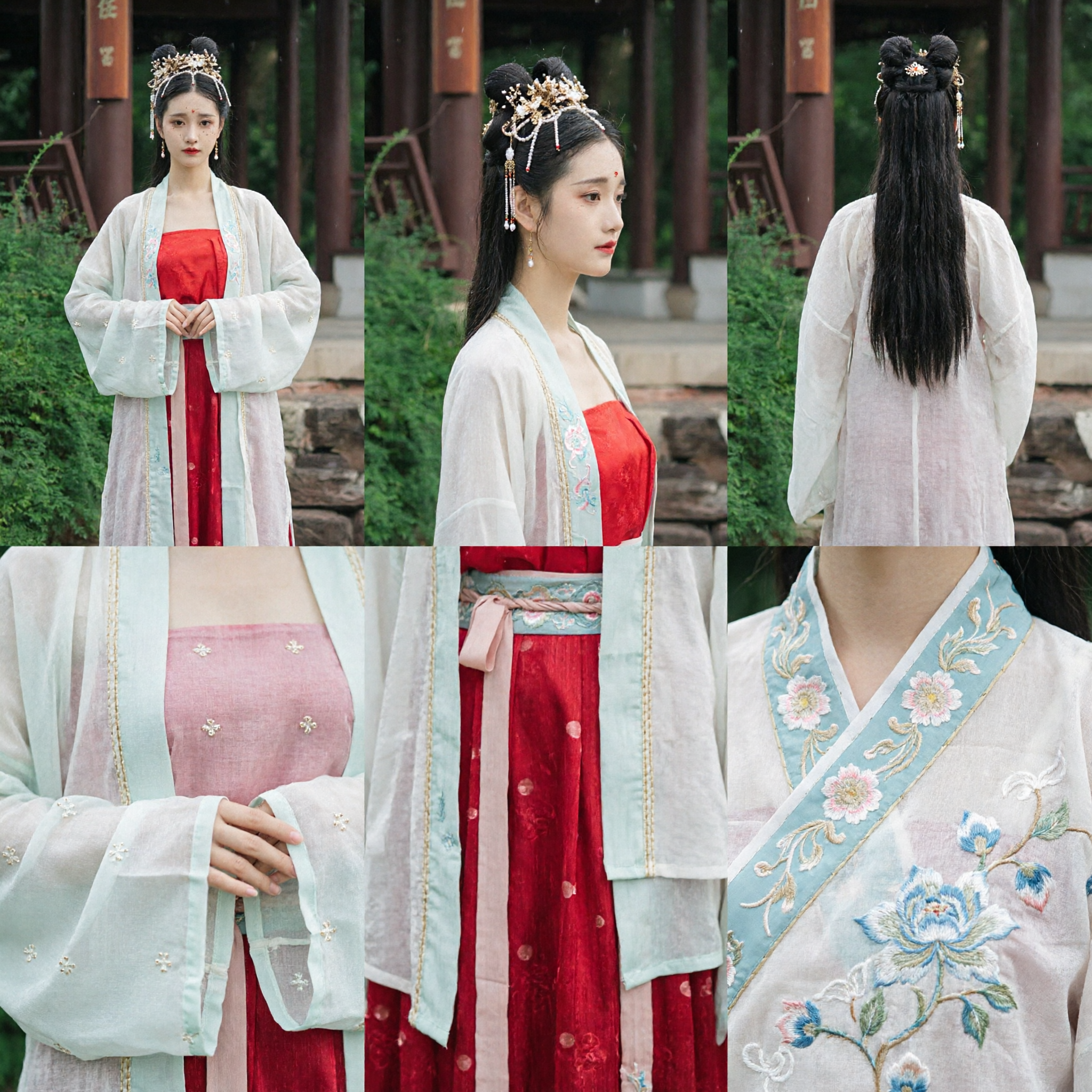 Elegant Traditional Chinese Hanfu Costume Ancient Style Red Skirt with White Sheer Outerwear for Women Photography