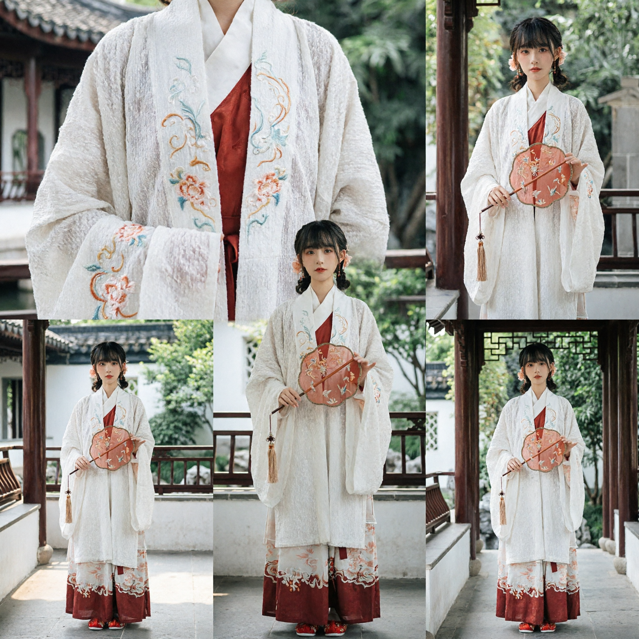 Elegant White Traditional Chinese Hanfu for Women Ancient Embroidered Robe Costume Set with Round Fan
