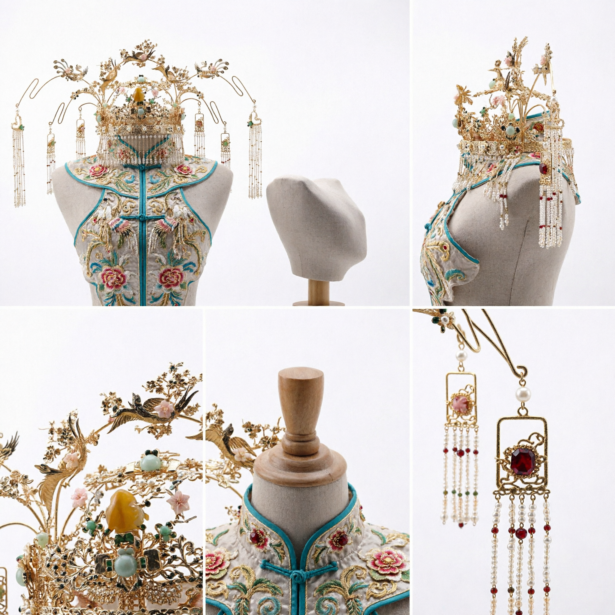 Elaborate Gold Chinese Traditional Bridal Phoenix Crown Hair Jewelry Set for Hanfu Wedding