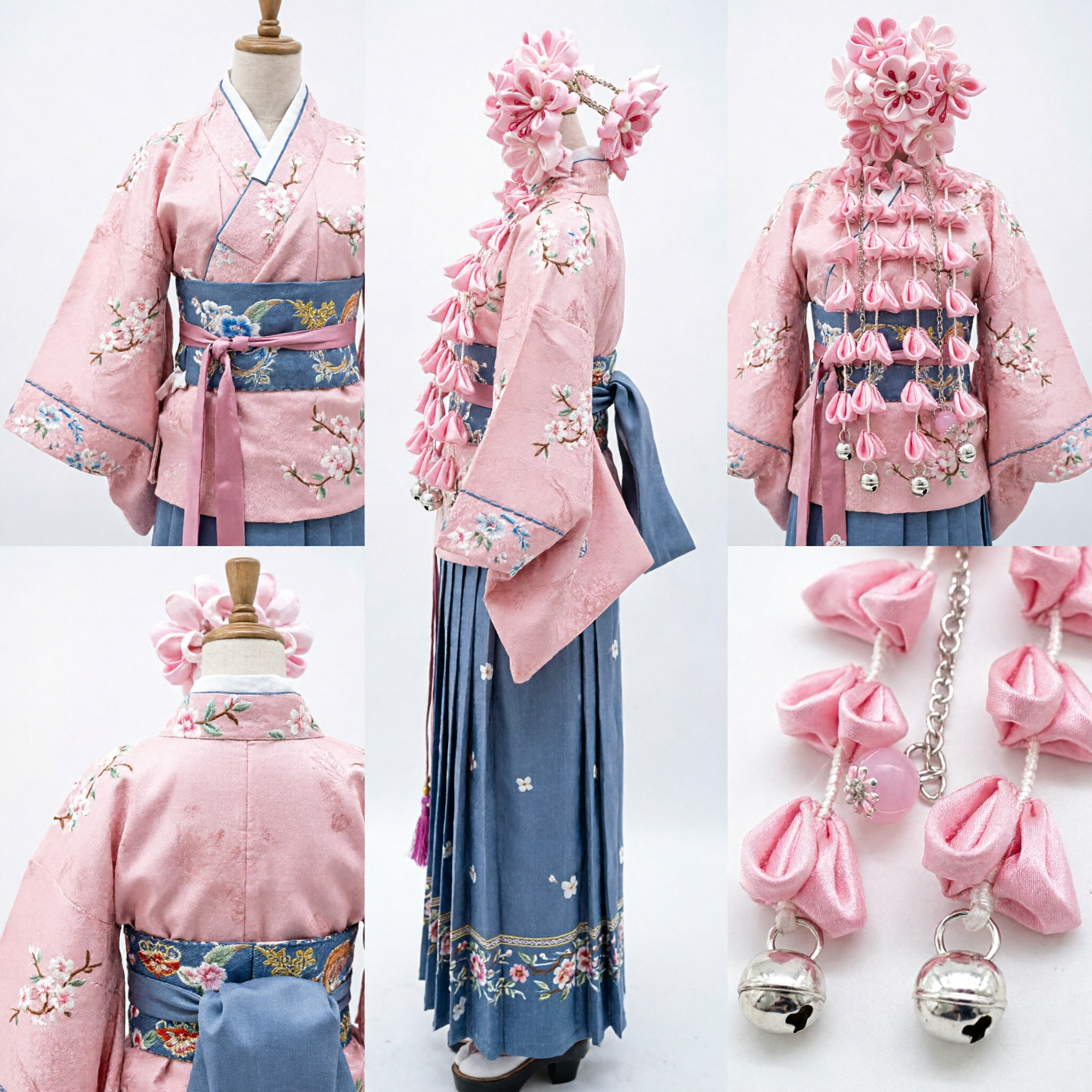 Elegant Pink Fabric Flower Hair Accessory Traditional Chinese Hanfu Headpiece with Tassels for Wedding