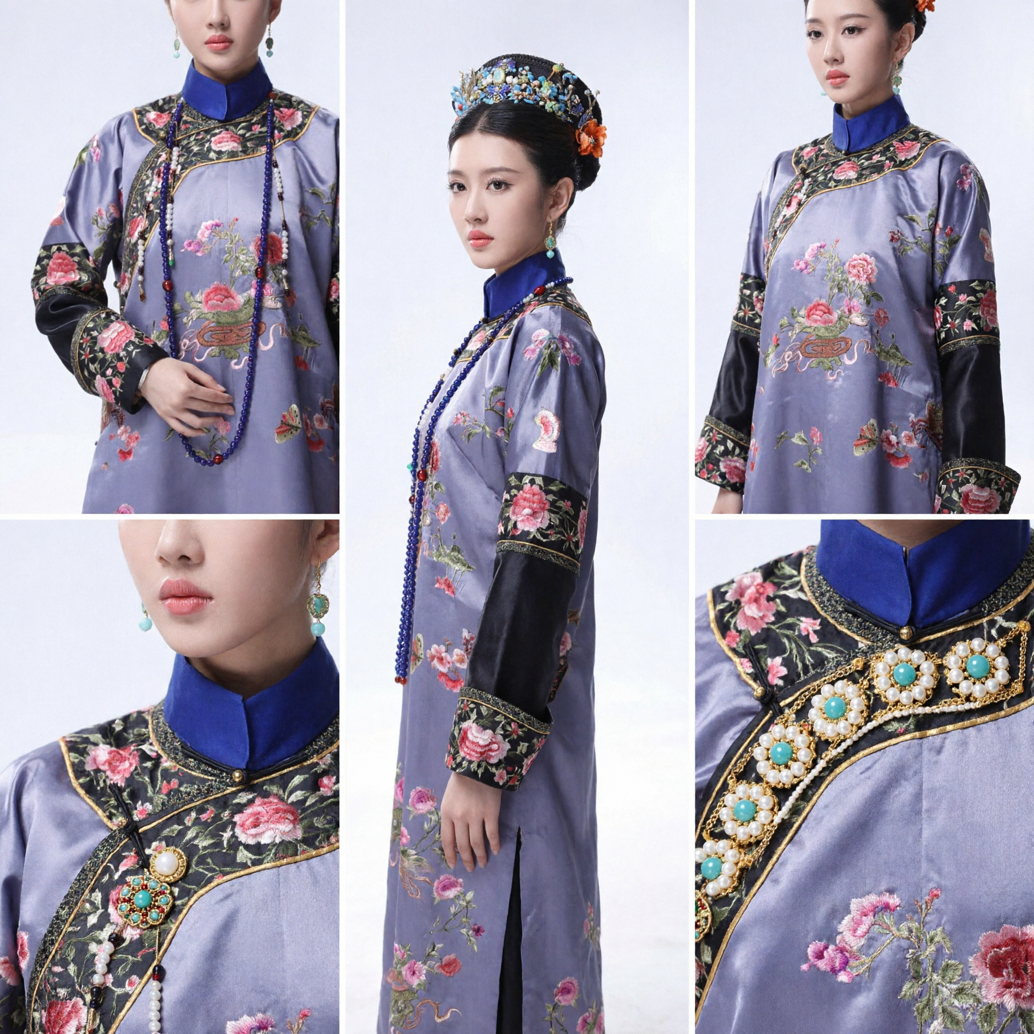 Traditional Chinese Qing Dynasty Costume Purple Floral Embroidered Robe Women's Historical Dress Complete Set with Headpiece