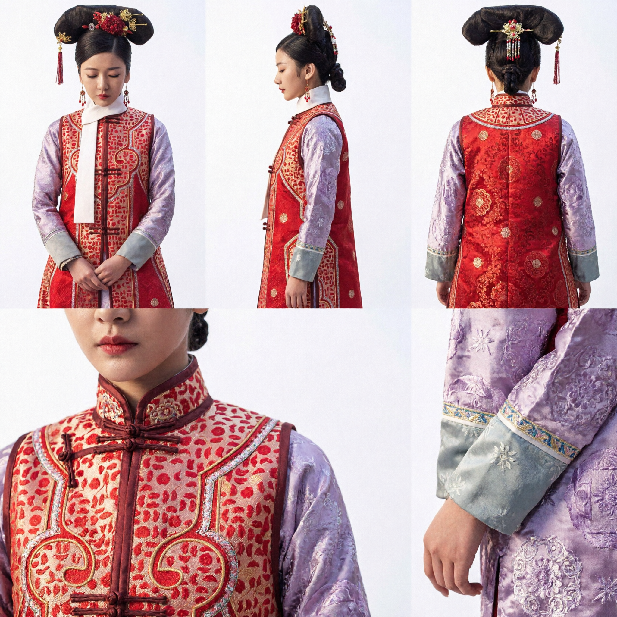 Traditional Chinese Qing Dynasty Manchu Princess Red Embroidered Vest and Purple Robe Ancient Palace Costume for Women