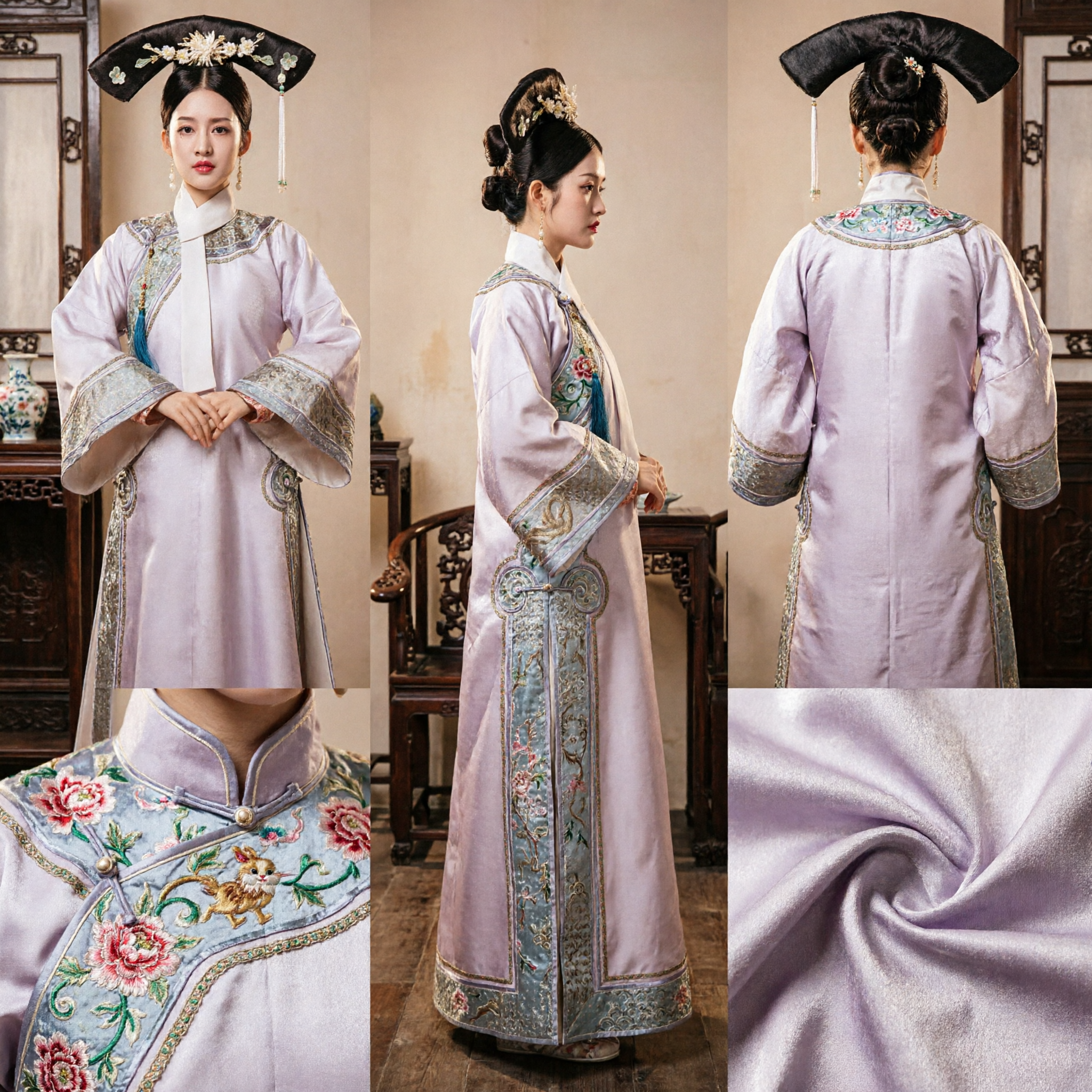 Chinese Traditional Qing Dynasty Noblewoman Costume Ancient Manchu Princess Embroidered Robe and Headdress Set