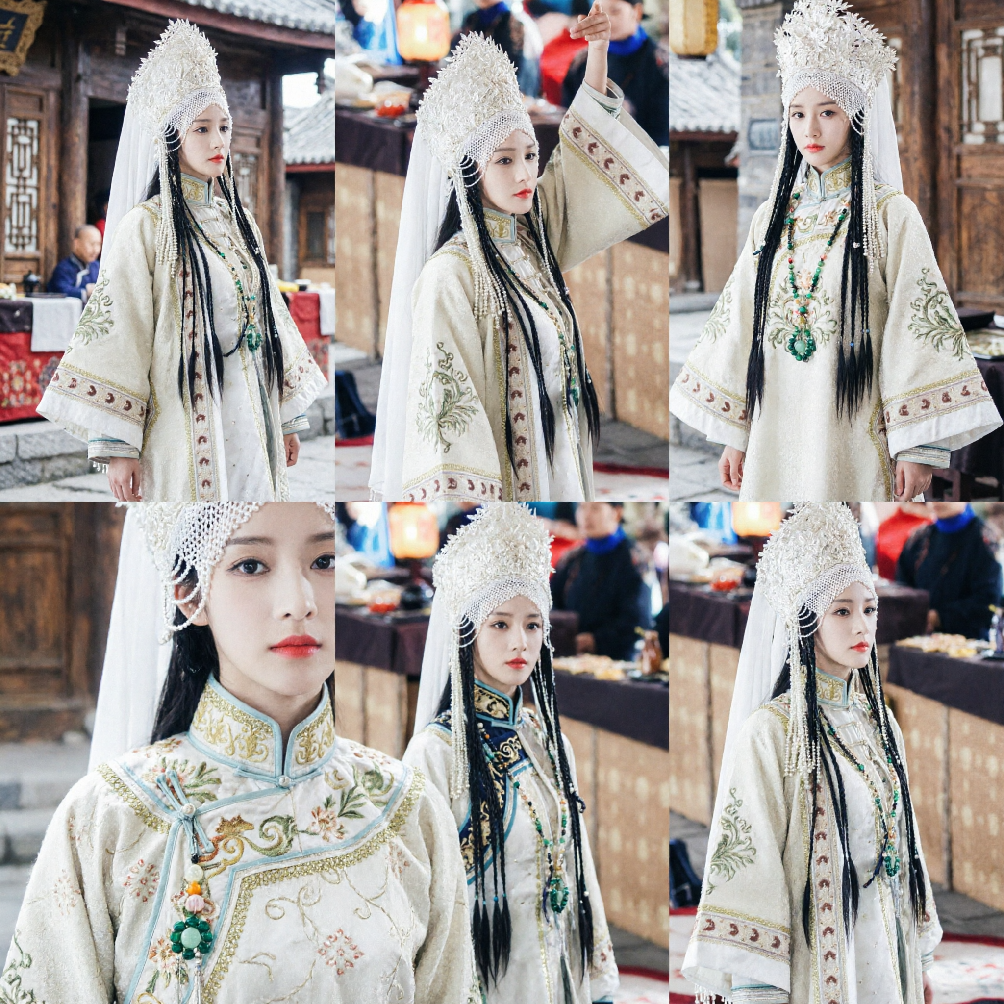 Traditional Chinese Ancient Mongol Noblewoman Costume White Embroidered Hanfu Set with Headdress for Women Cosplay