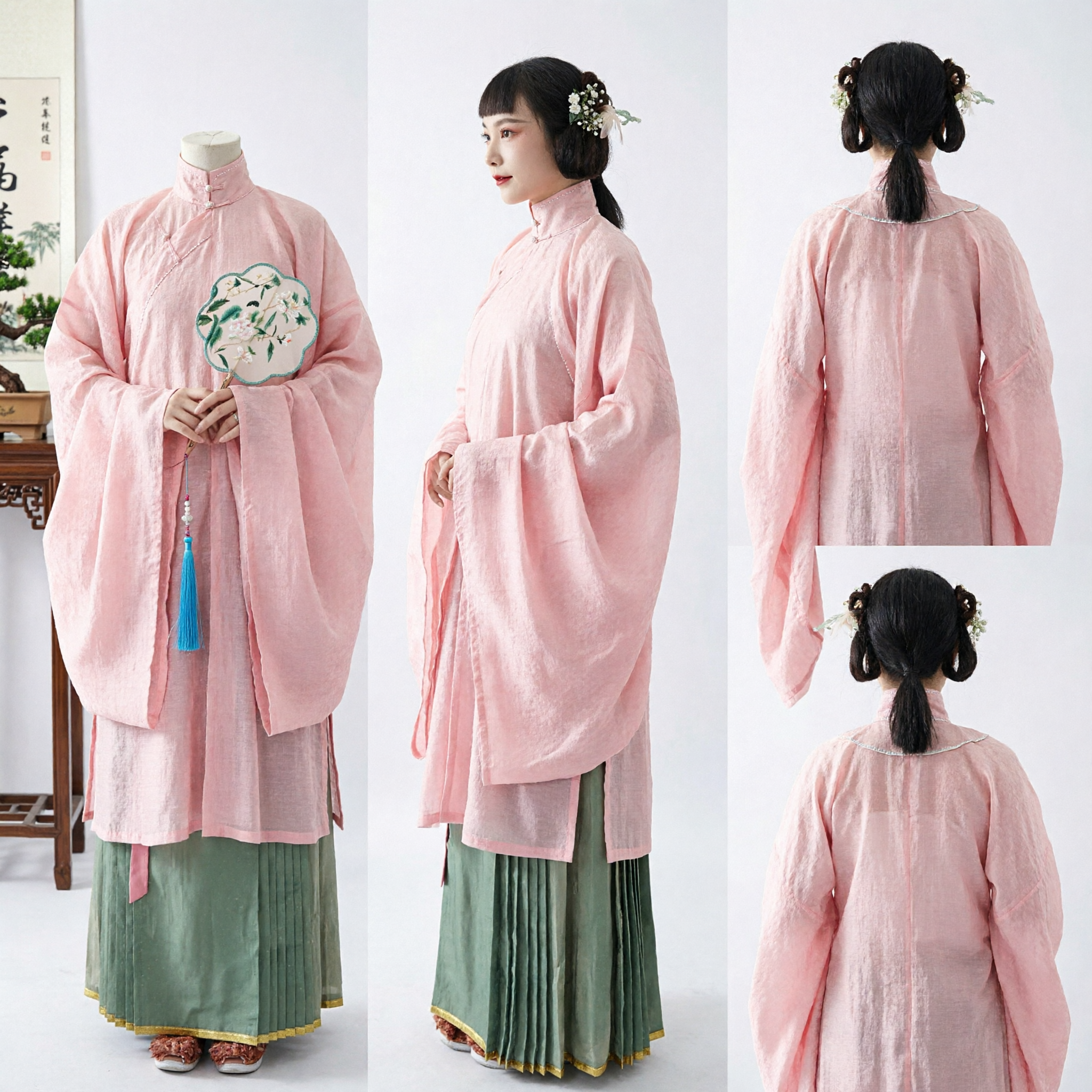 Traditional Chinese Hanfu Ming Dynasty Style Pink Wide Sleeve Top and Green Pleated Skirt Set for Women