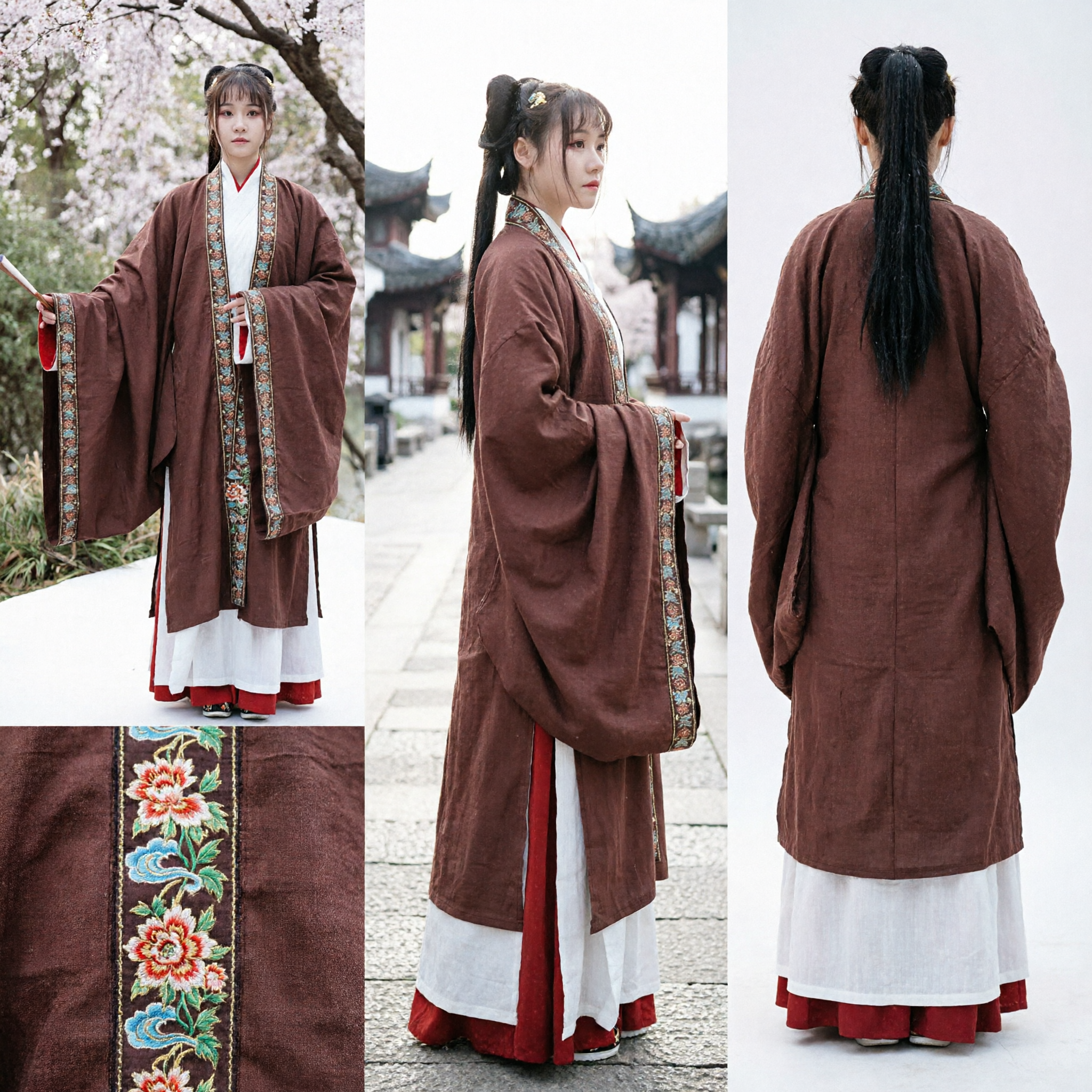 Traditional Chinese Hanfu Ancient Costume Brown Red Cross-Collar Robe with Wide Sleeves for Women Cosplay