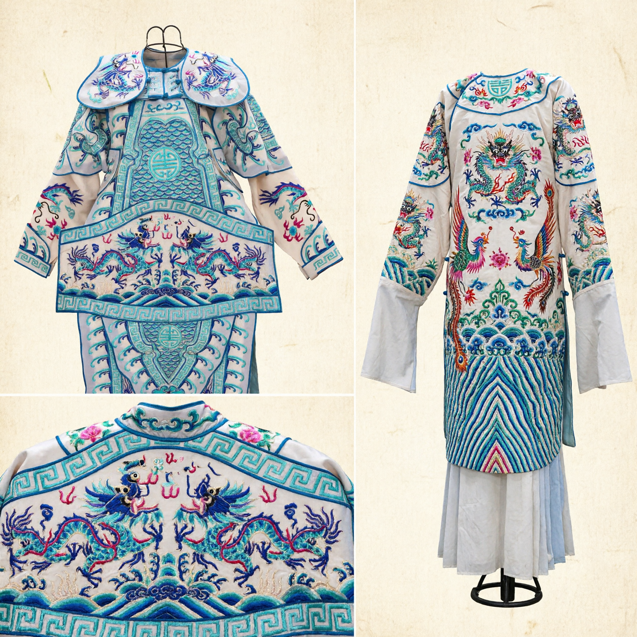 Traditional Chinese Opera Costume White Dragon Embroidered General Armor Robe for Stage Performance