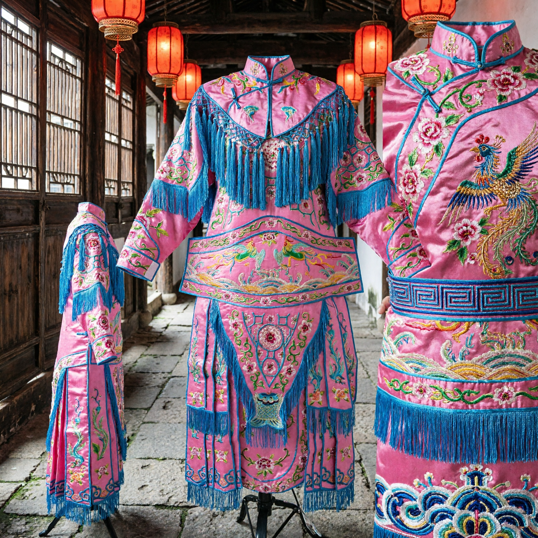Pink Chinese Traditional Peking Opera Costume with Blue Fringe Embroidery for Female Stage Performance