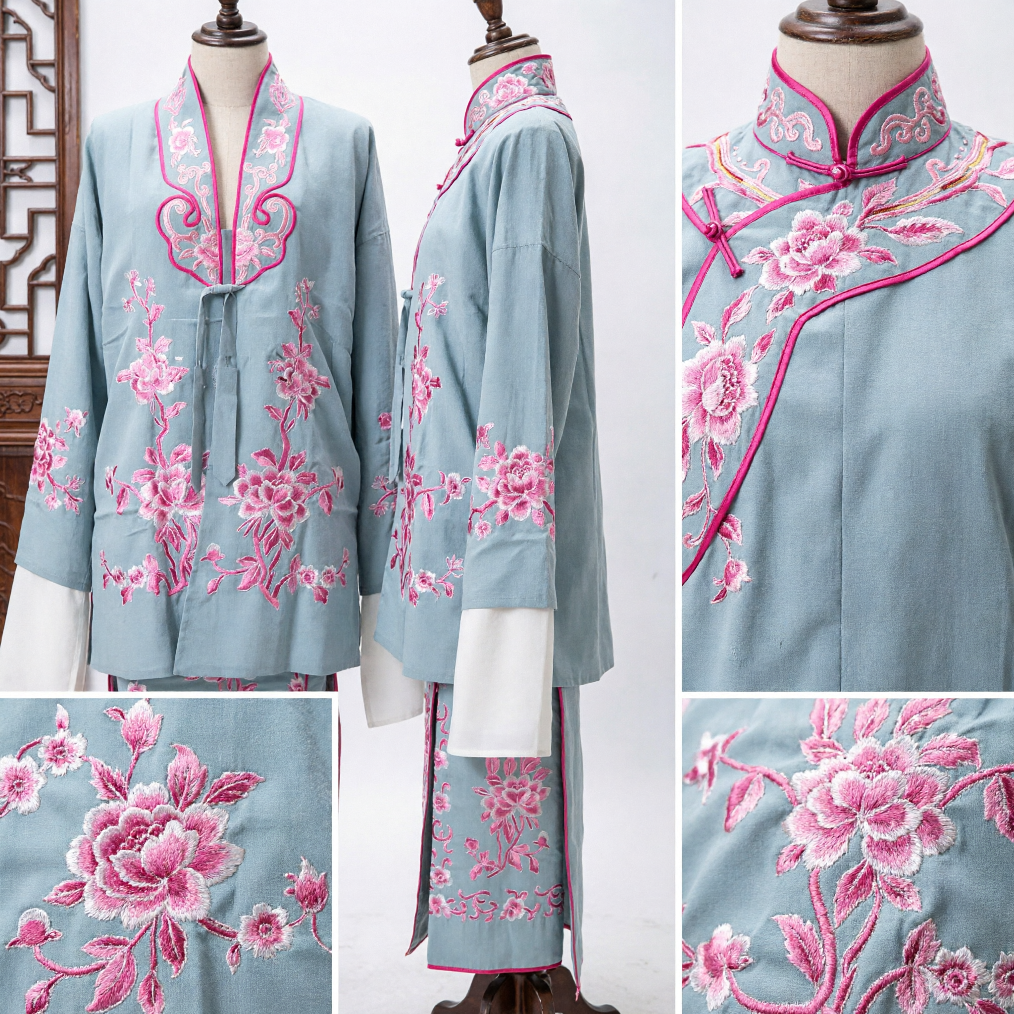 Traditional Chinese Beijing Opera Costume Grey Pink Floral Embroidery Water Sleeve Performance Outfit for Adults