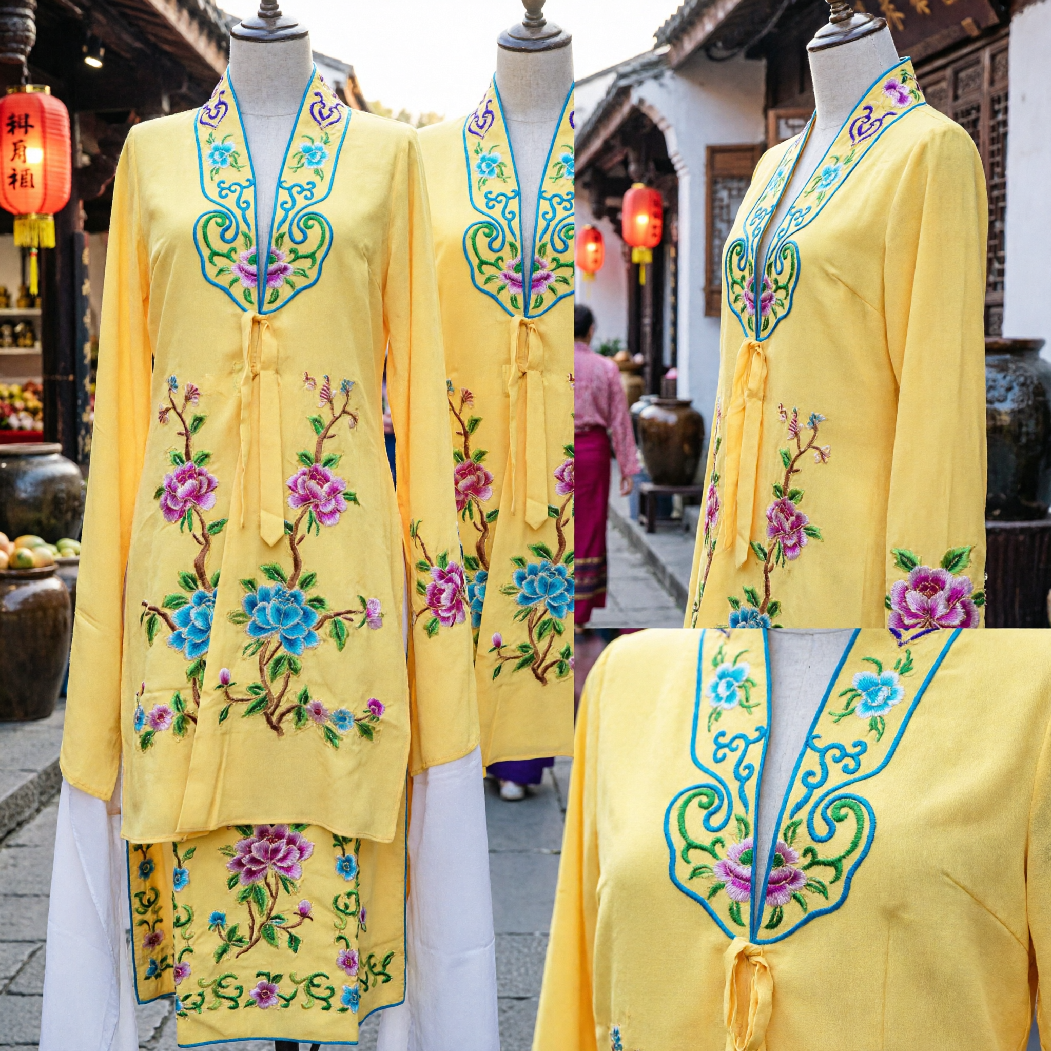 Bright Yellow Traditional Chinese Floral Embroidery Dance Costume for Women Folk Performance Outfit Set