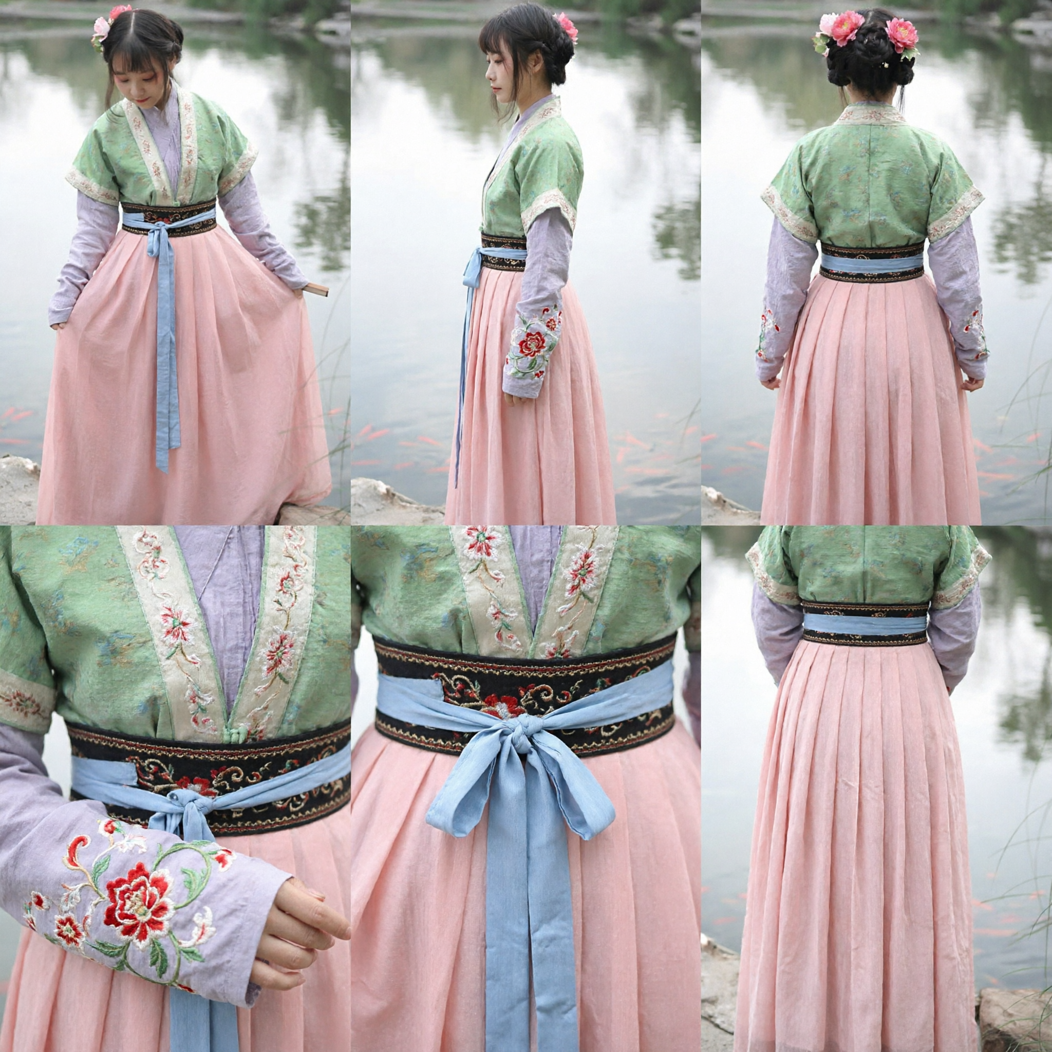Traditional Chinese Hanfu Clothing Set Ancient Ming Dynasty Style Green Top and Pink Skirt for Women