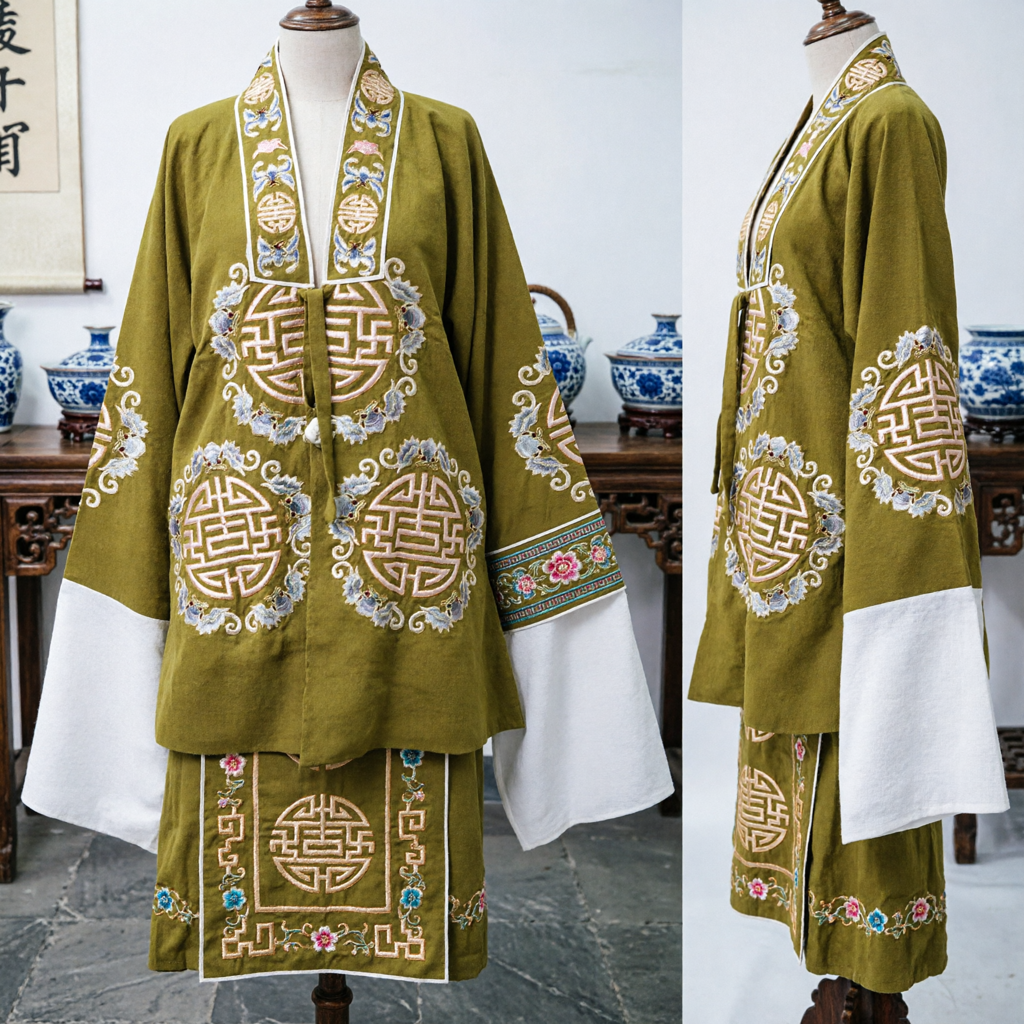 Traditional Chinese Beijing Opera Costume Green Embroidered Robe for Men Scholar Official Stage Performance