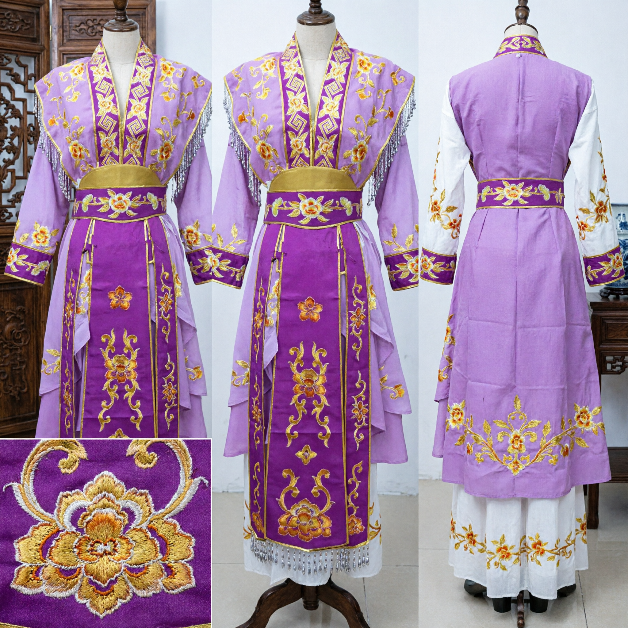 Traditional Chinese Peking Opera Purple Robe with Gold Floral Embroidery Ancient Scholar Stage Costume for Men