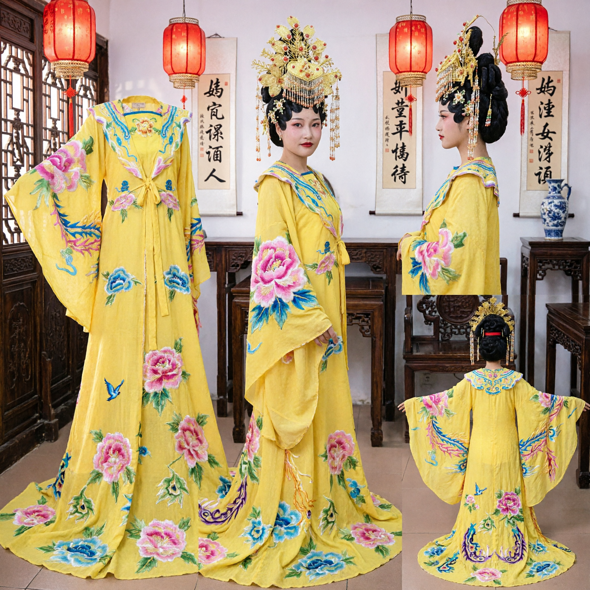 Traditional Chinese Peking Opera Yellow Embroidered Robe and Phoenix Headdress Set for Women Stage Performance