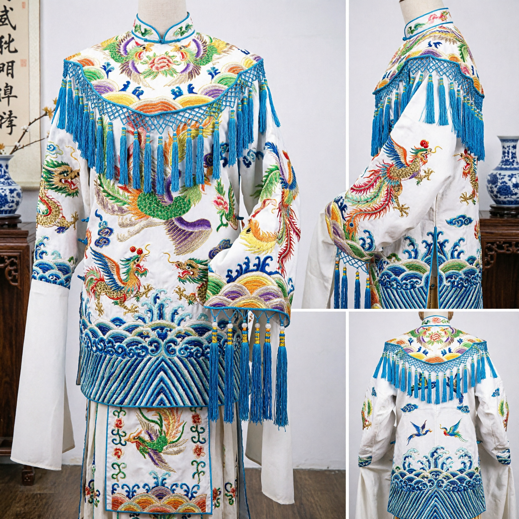 Traditional Chinese Peking Opera Costume White Embroidered Phoenix Robe with Water Sleeves for Stage Performance